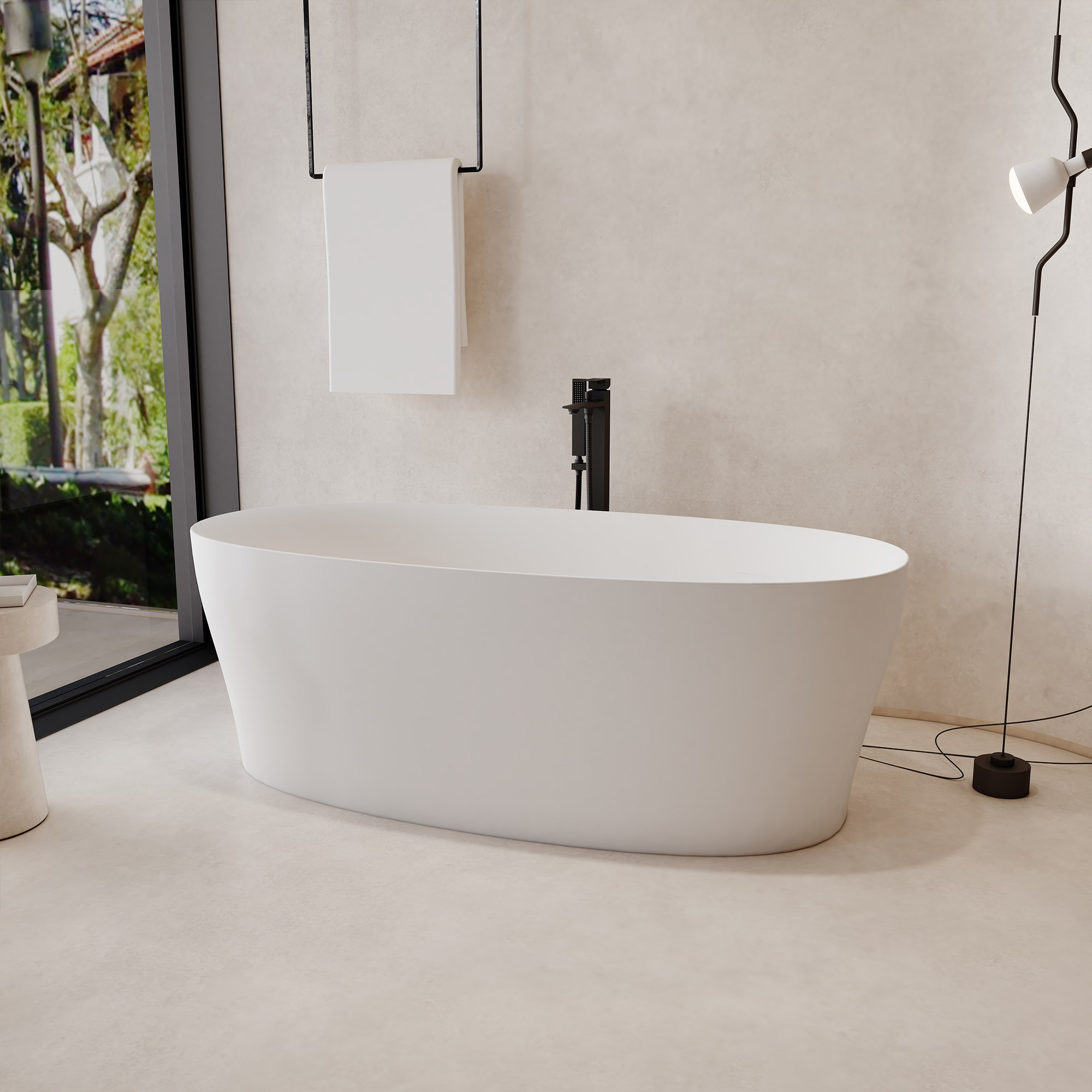 63" Solid Surface Freestanding Bathtub with Thickened Edge in Matte White