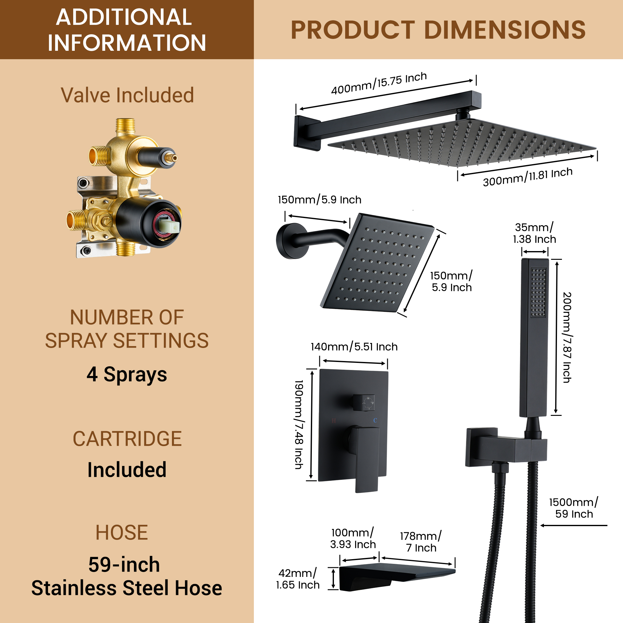 12-inch 4-Function Dual Shower Head System with Tub Spout