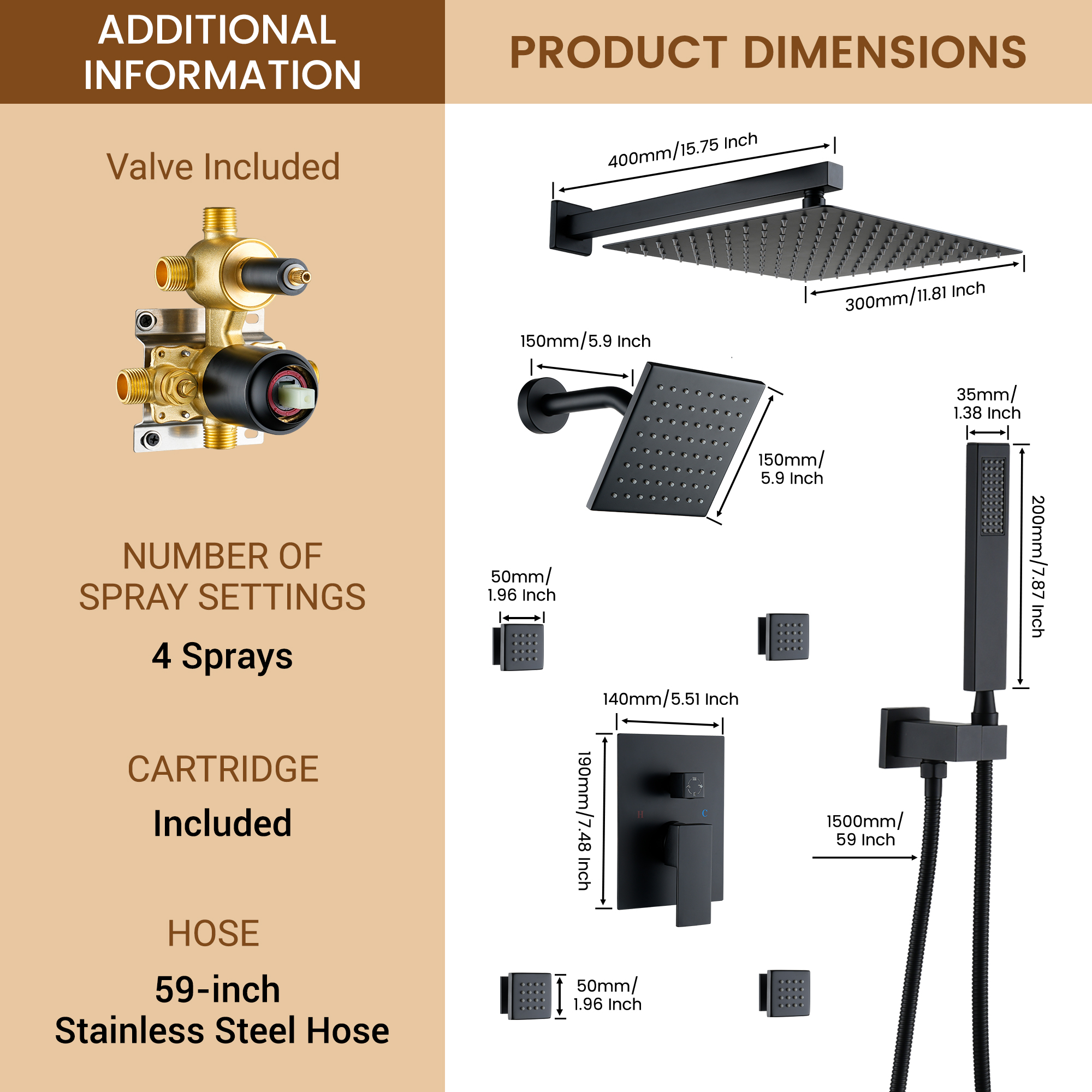 12-inch Wall-Mounted 4-Function Dual Shower System with Body Jets