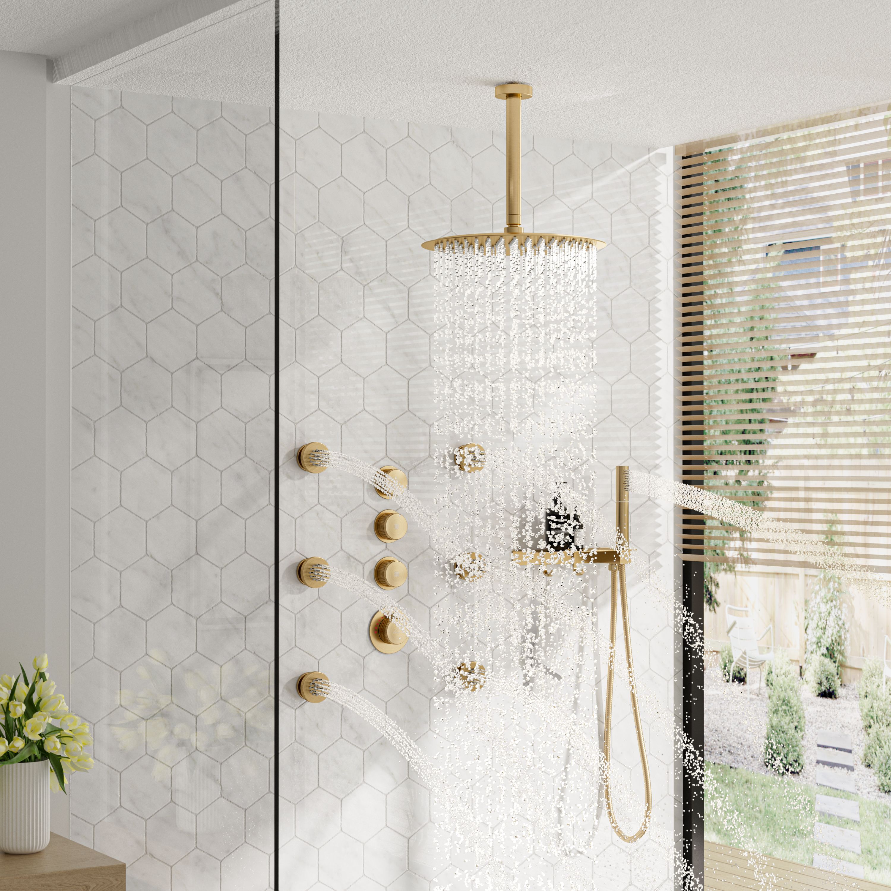 12" Shower System With Shelf, Handheld Shower With Spray Gun Feature