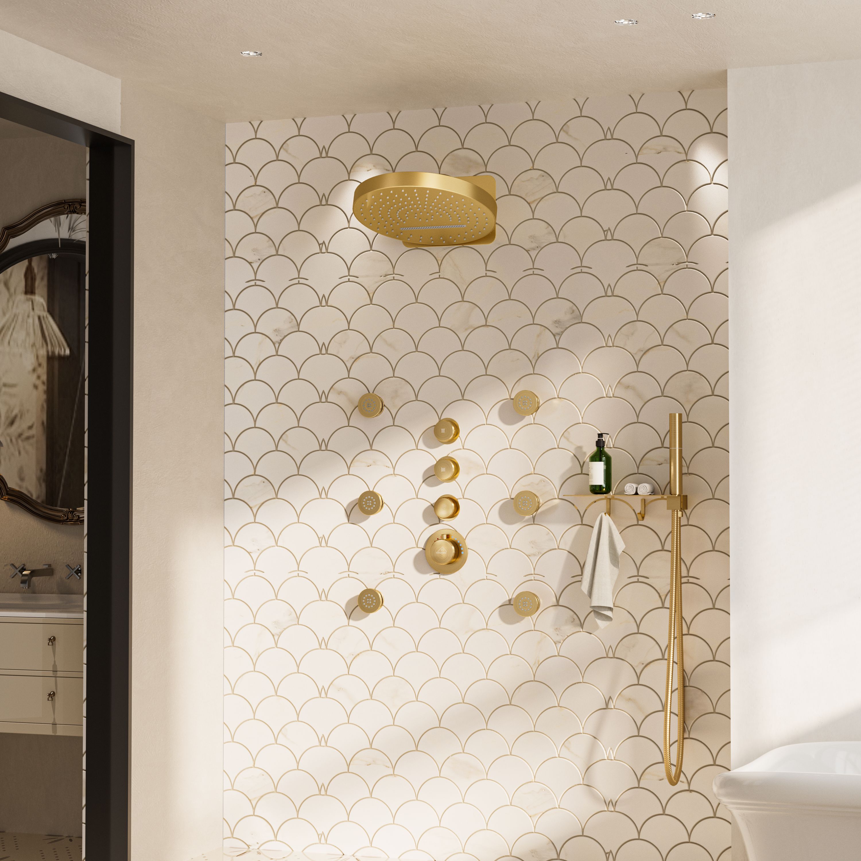 12" Adjustable Shower Head With Shelf Shower System, Hand Shower With Spray Gun Function