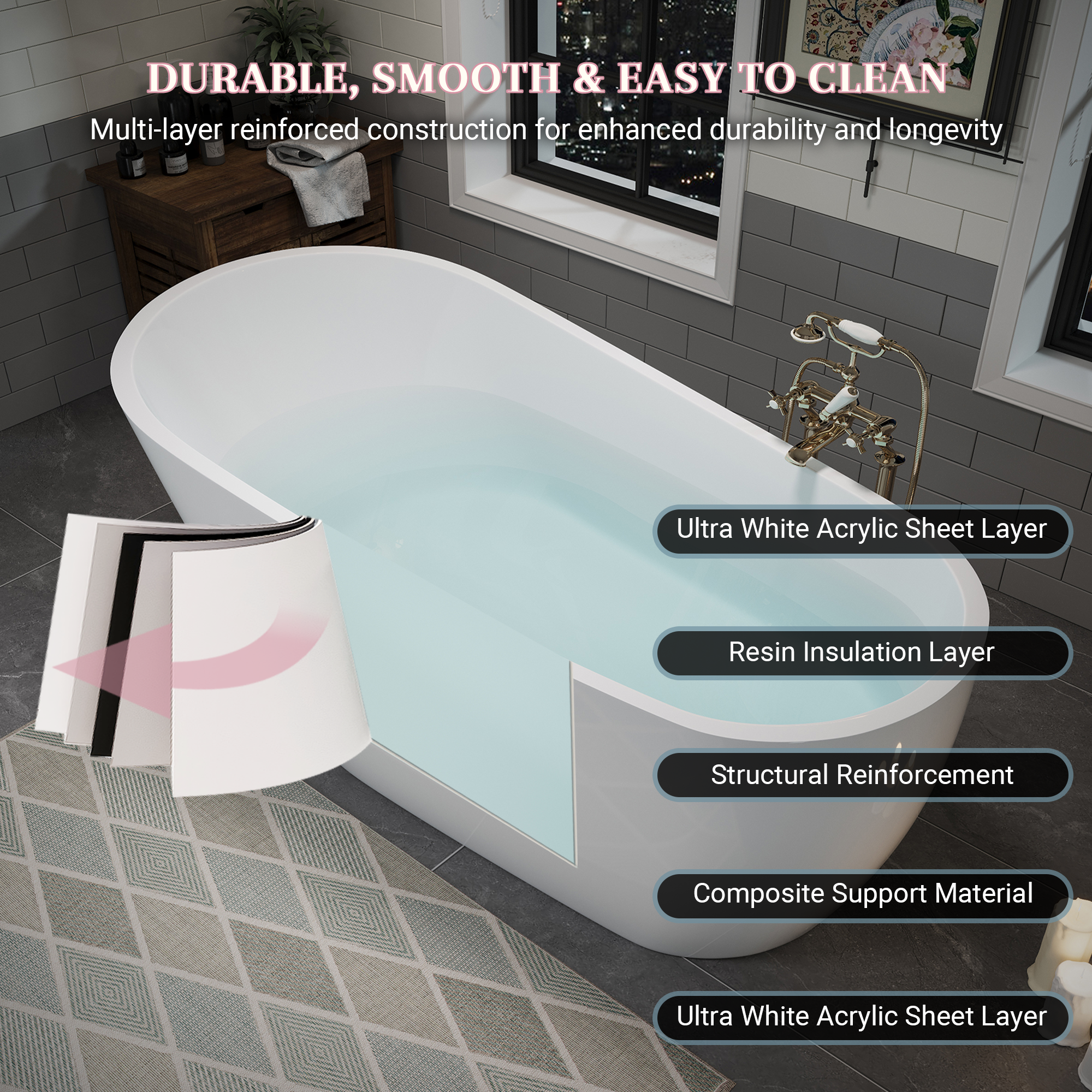 59" Glossy White Acrylic Freestanding Soaking Bathtub with Pop-Up Drain and Integrated Overflow