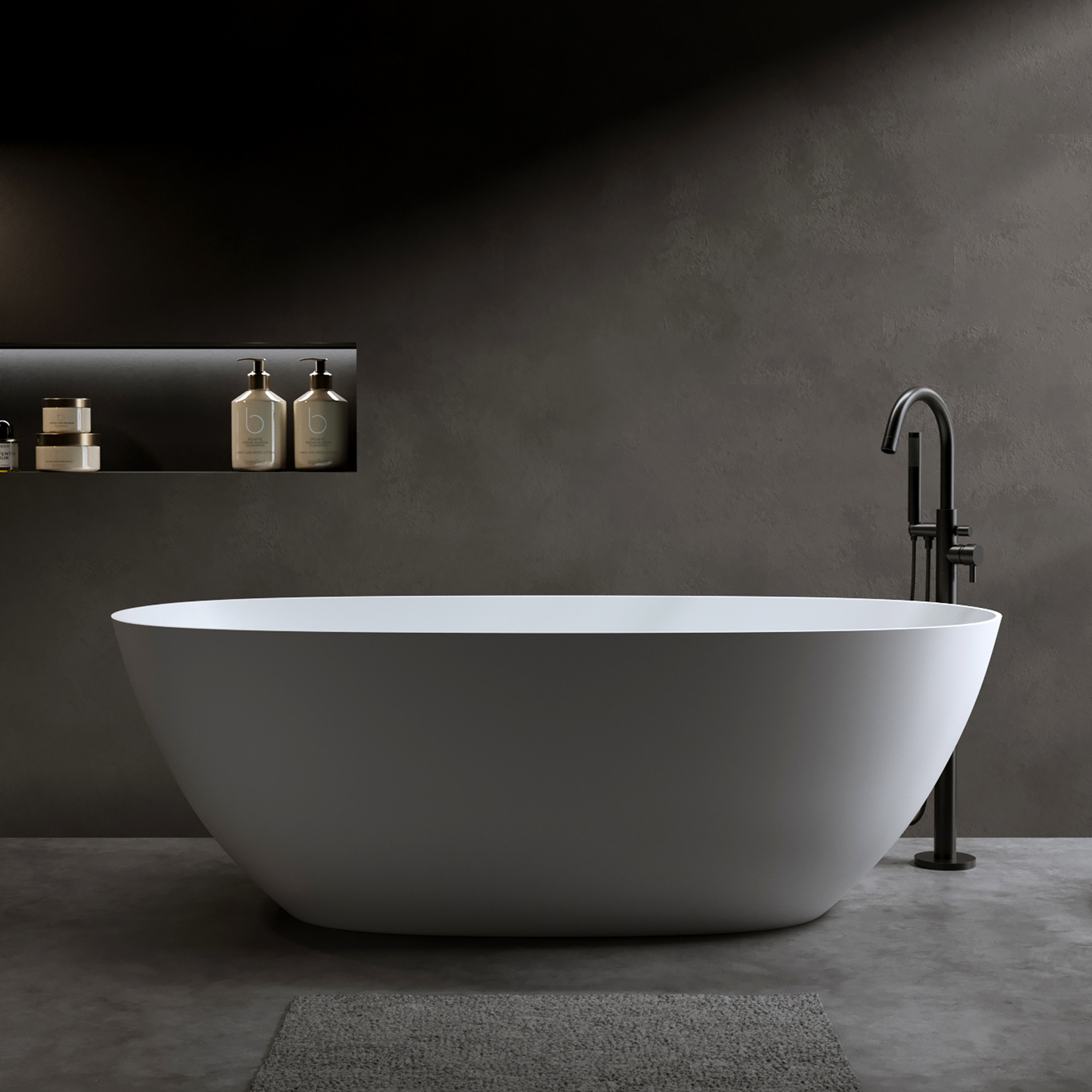 57"/61"/65"/69" Luxury Stone Resin Freestanding Soaking Bathtub in Hand-Polished Finish