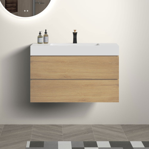 24"/30"/36" Natural Oak Wall Mounted Floating Bathroom Vanity with Sink