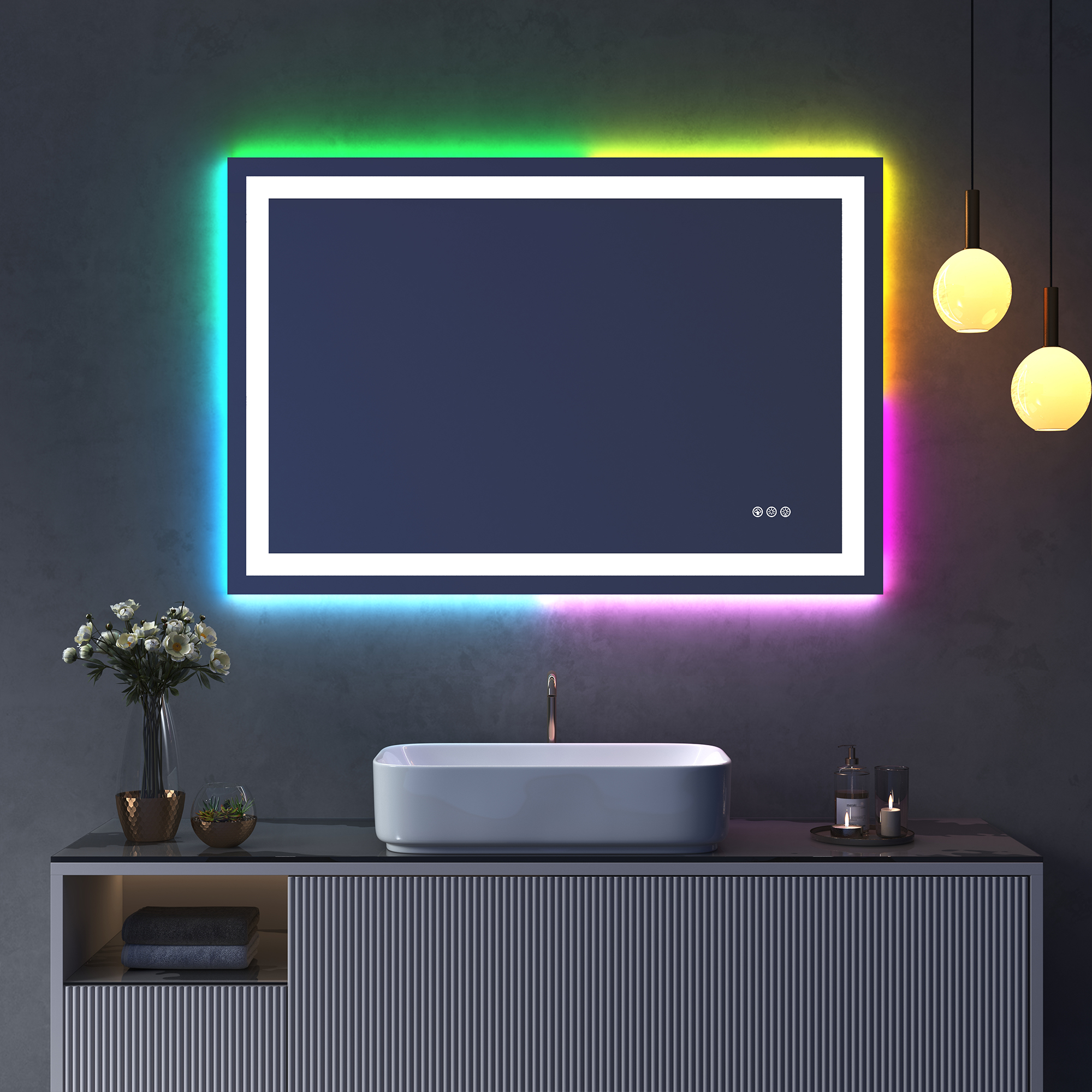 Tempered RGB LED Bathroom Mirror with Smart Controls & Anti-Fog