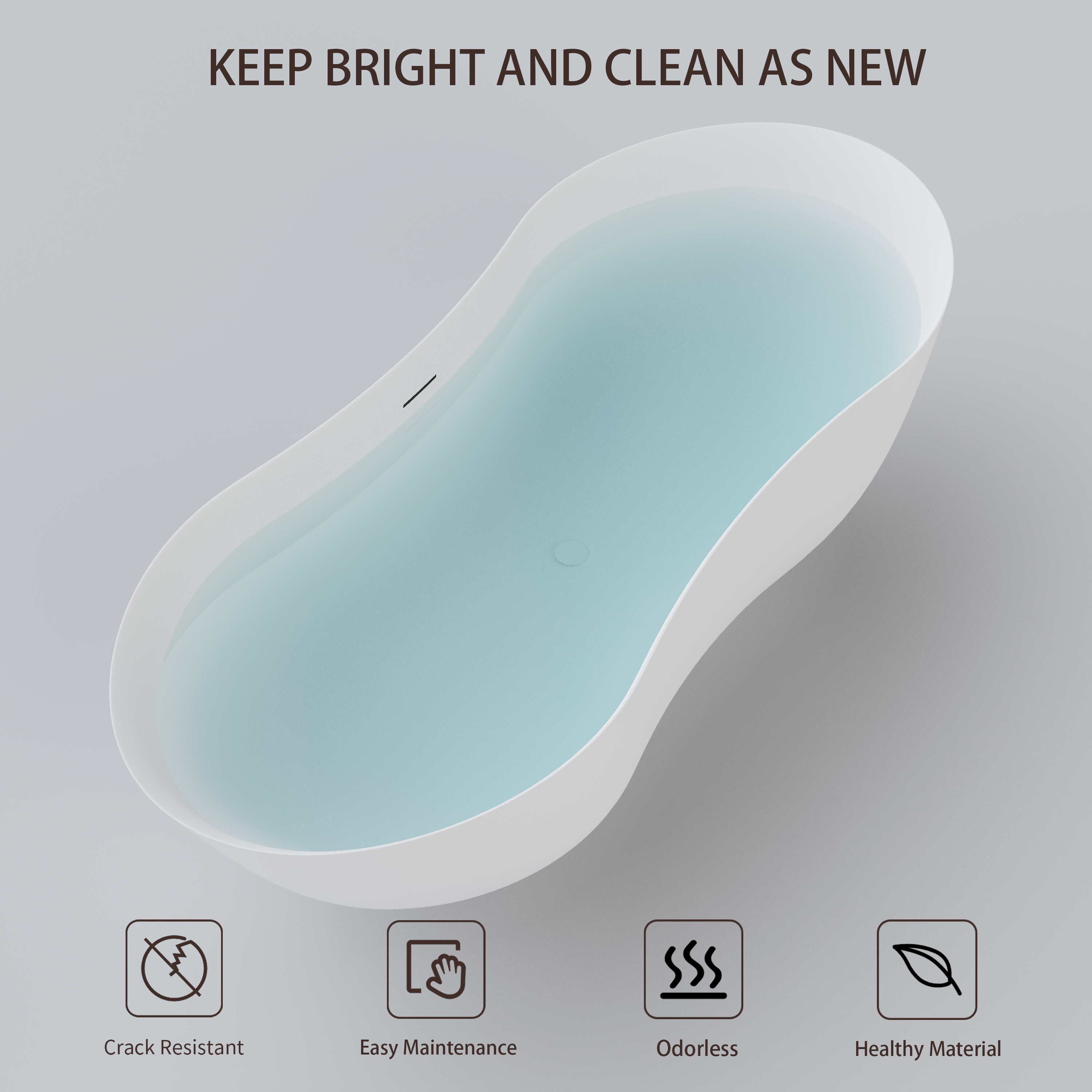 67" Peanut-Shaped Freestanding Solid Surface Bathtub for Two with Overflow & Pop-Up Drain