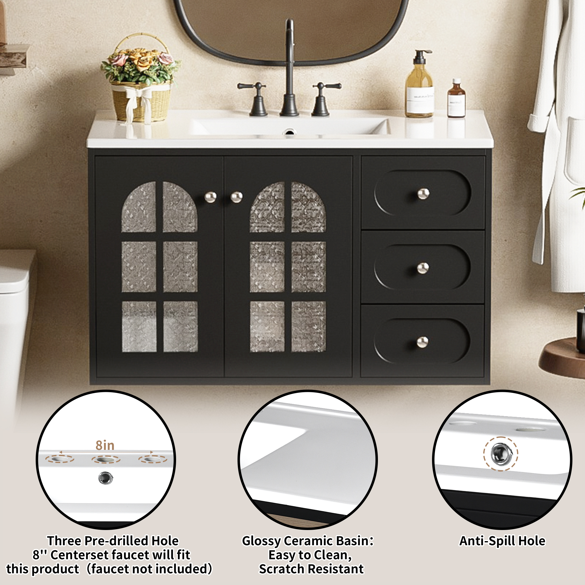 36" Wall Mounted Bathroom Vanity with Ceramic Sink & 3 Drawers