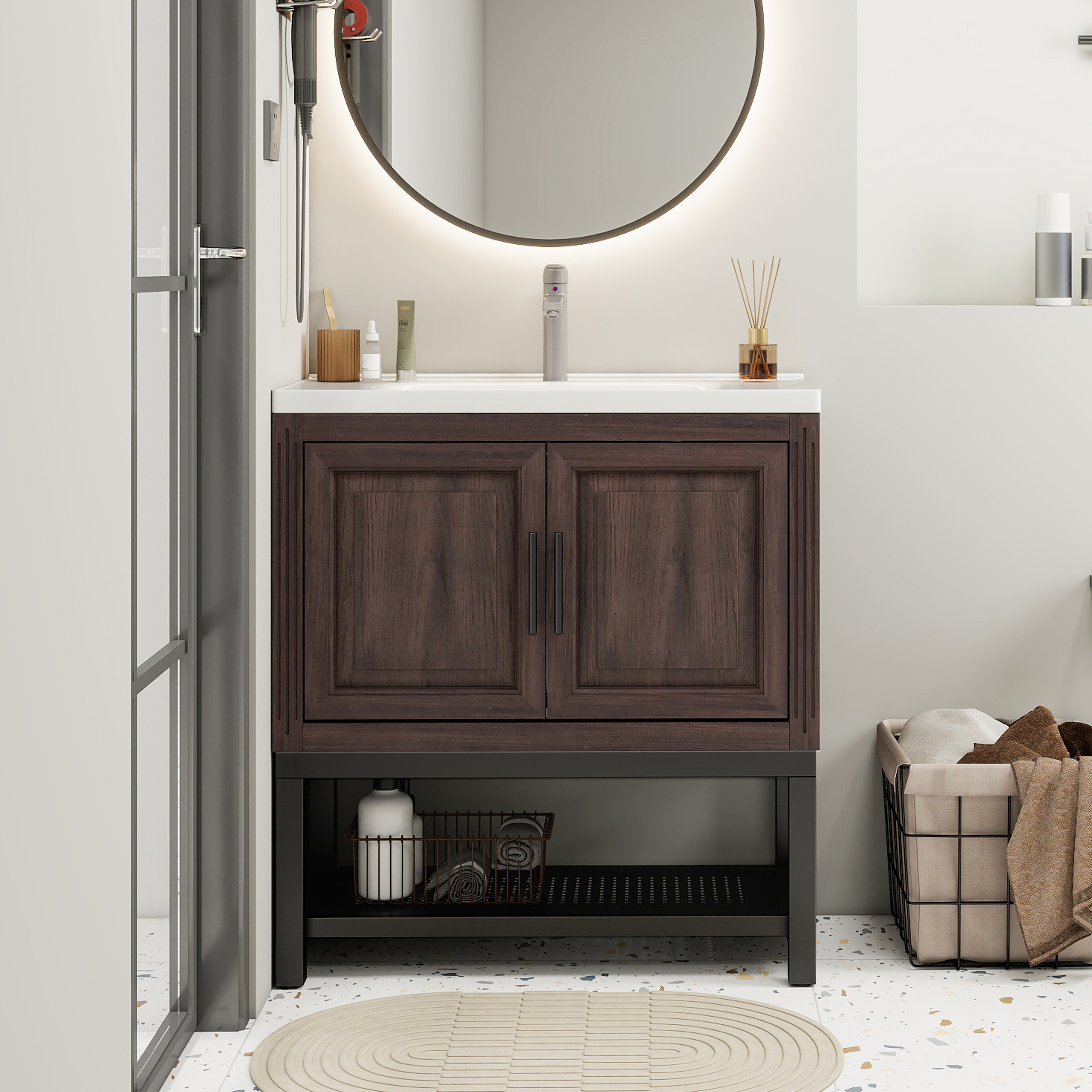 Freestanding Bathroom Vanity with White Ceramic Sink & Hot and Cold Faucet