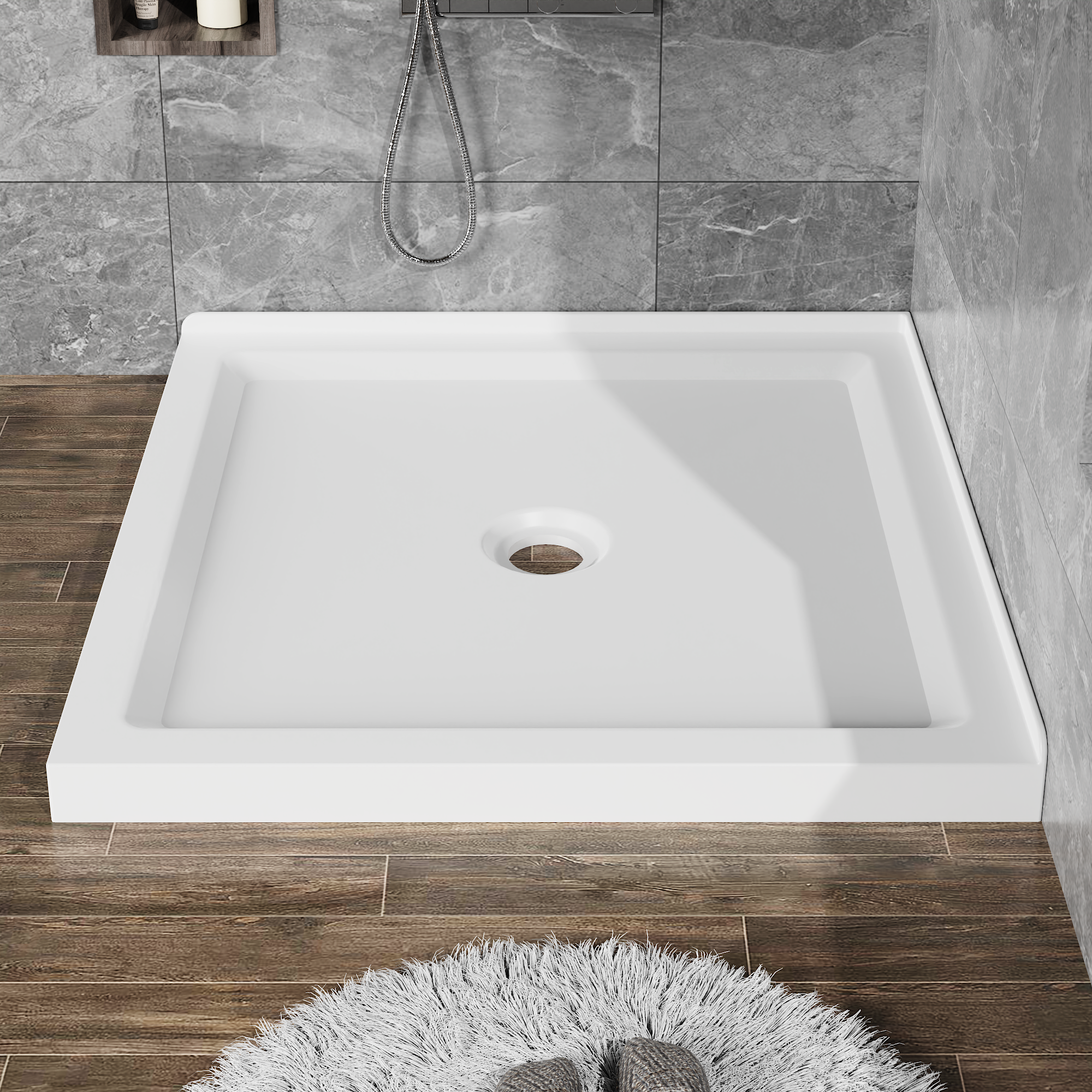 36" x 36" White Double-Threshold Shower Base with Center Drain, Anti-Slip Acrylic Shower Pan