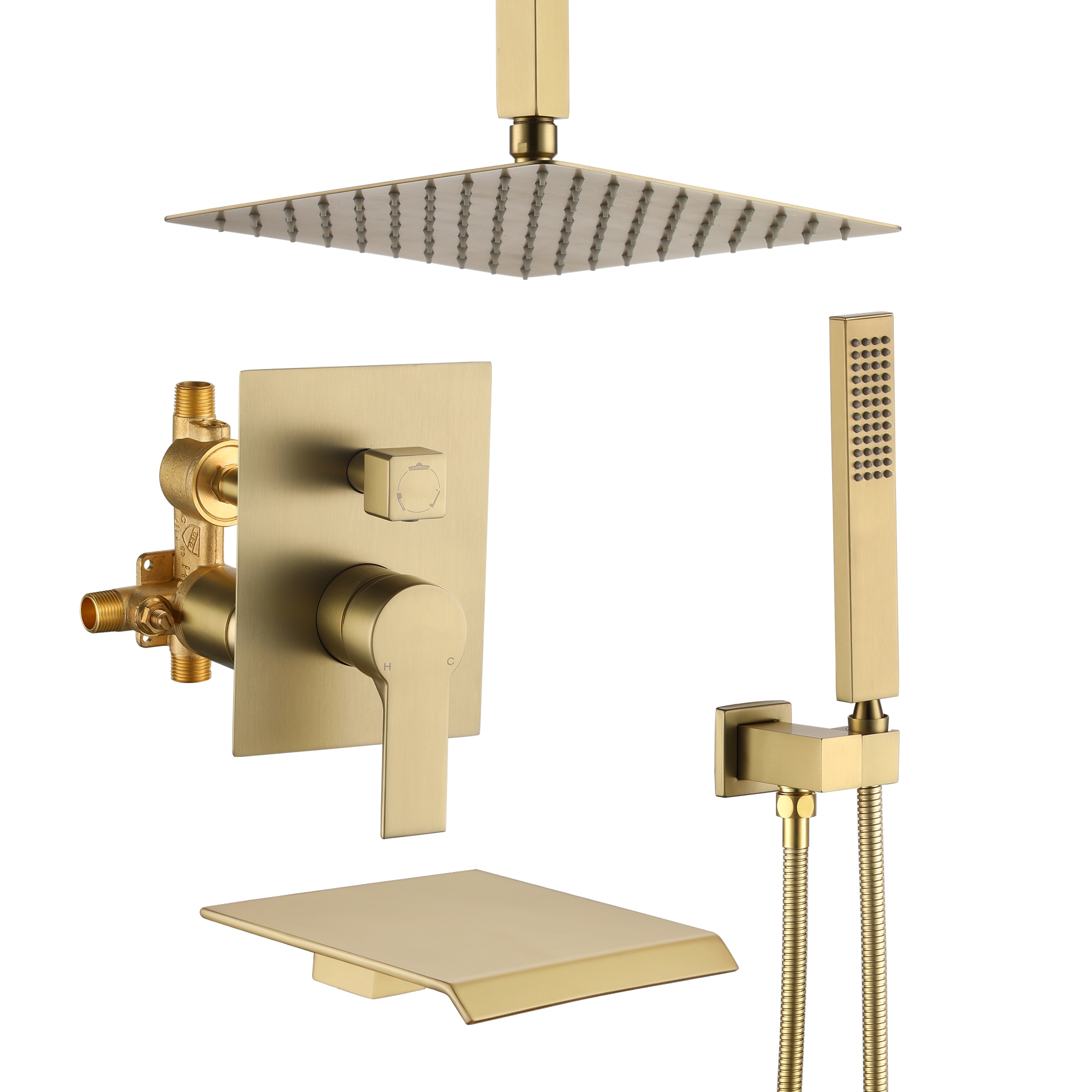 10" Ceiling-Mount Rain Shower System with Tub Spout in Brushed Gold