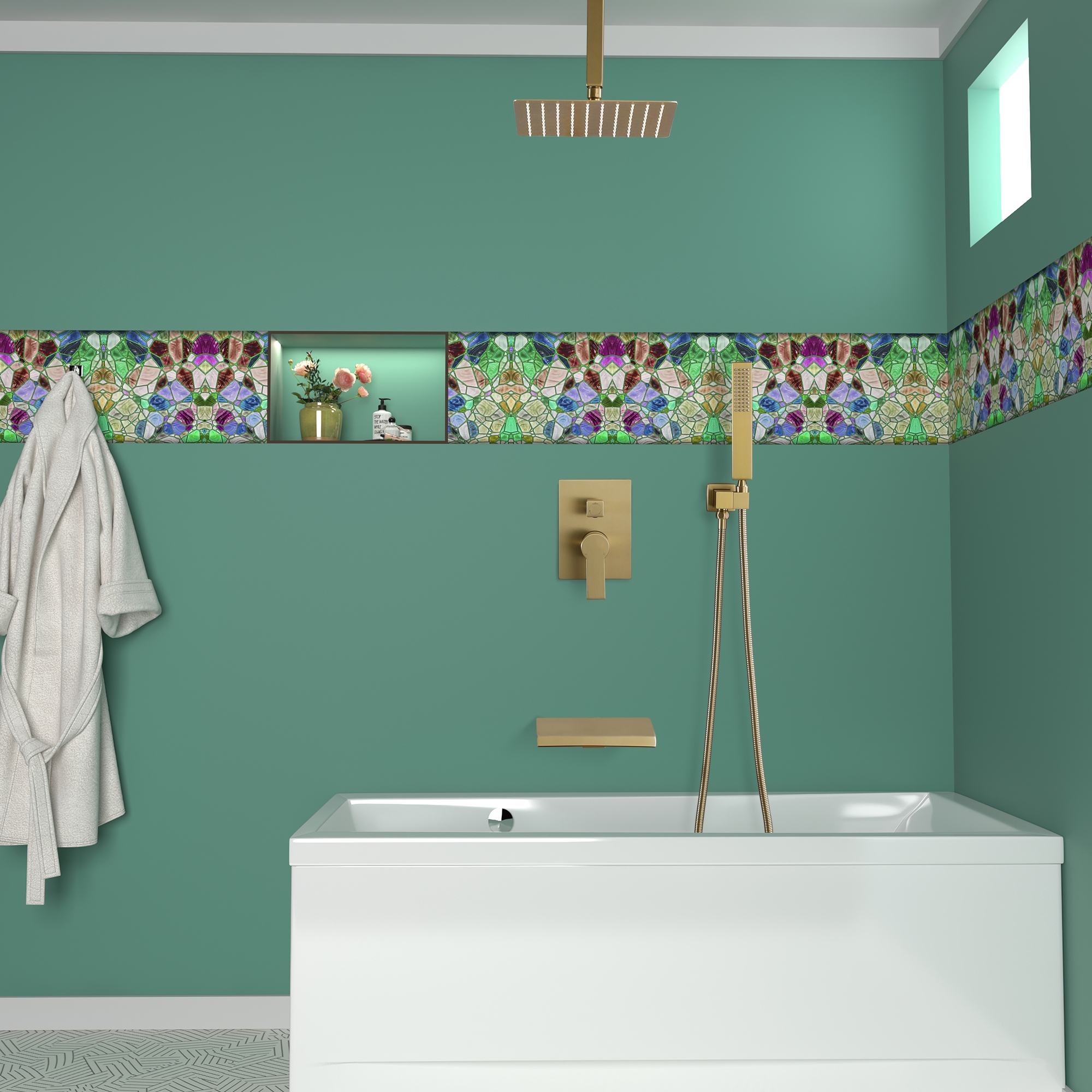 10" Ceiling-Mount Rain Shower System with Tub Spout in Brushed Gold