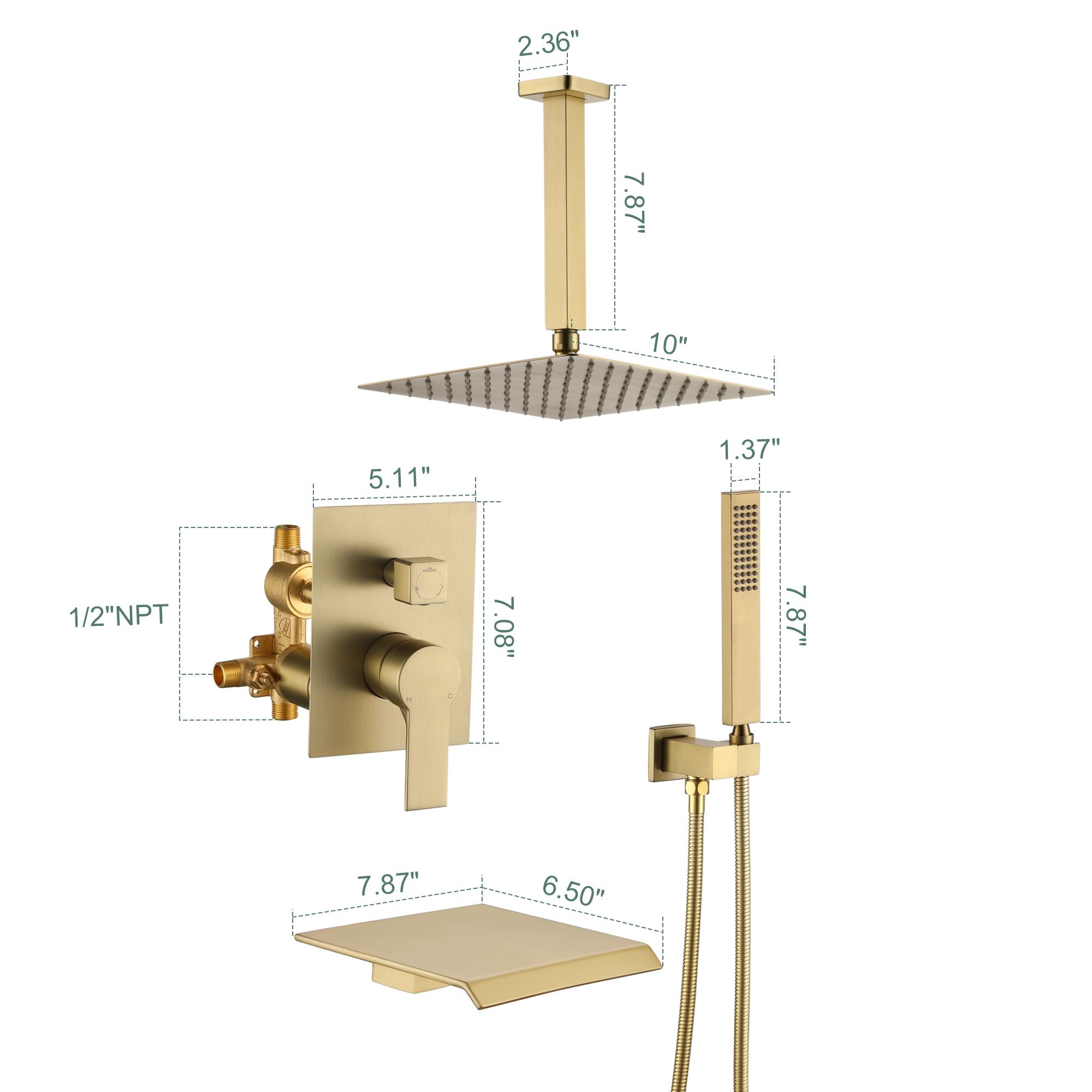 10" Ceiling-Mount Rain Shower System with Tub Spout in Brushed Gold