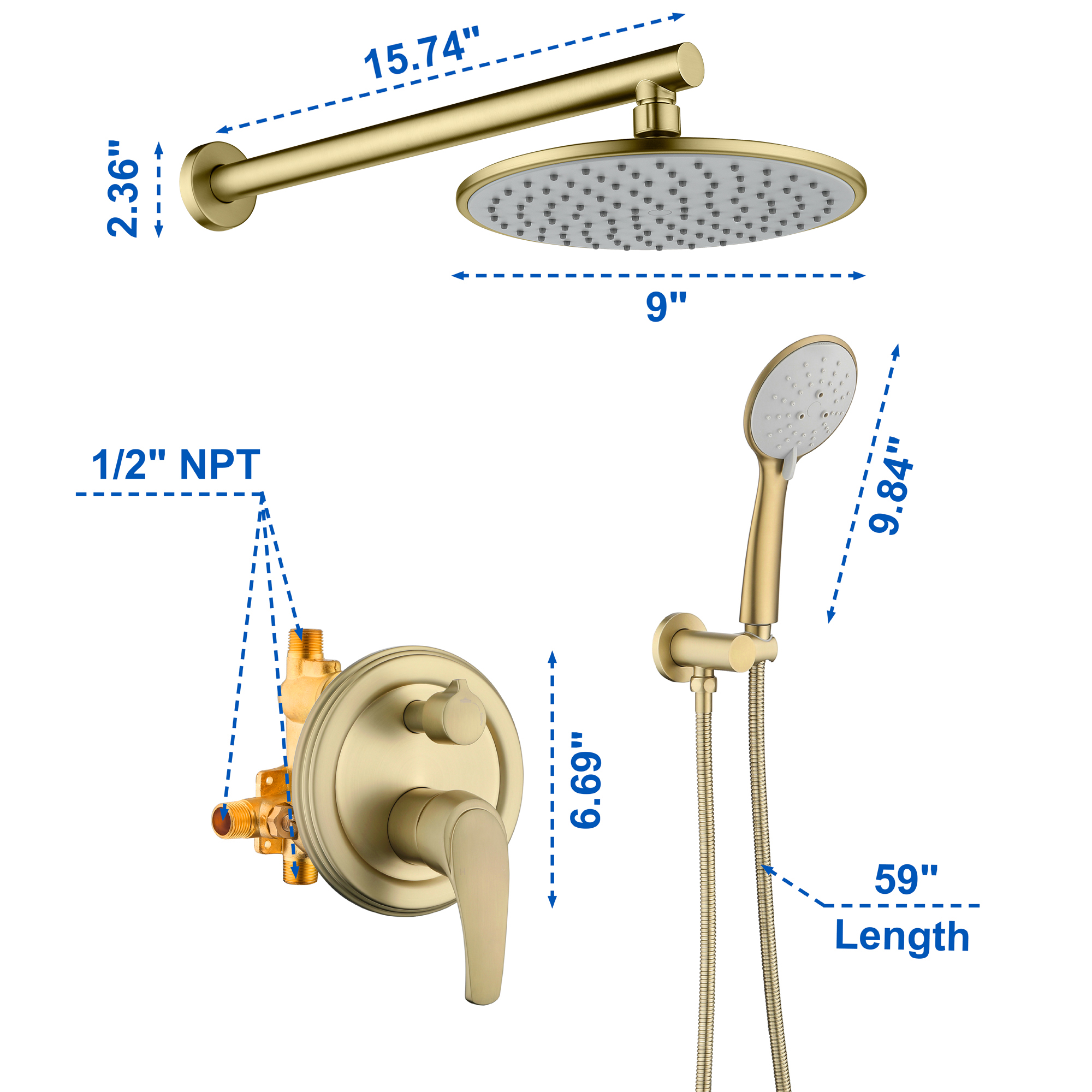 9/10/12" Wall Mounted Rain Shower System with 5-Spray Patterns (Valve Included)