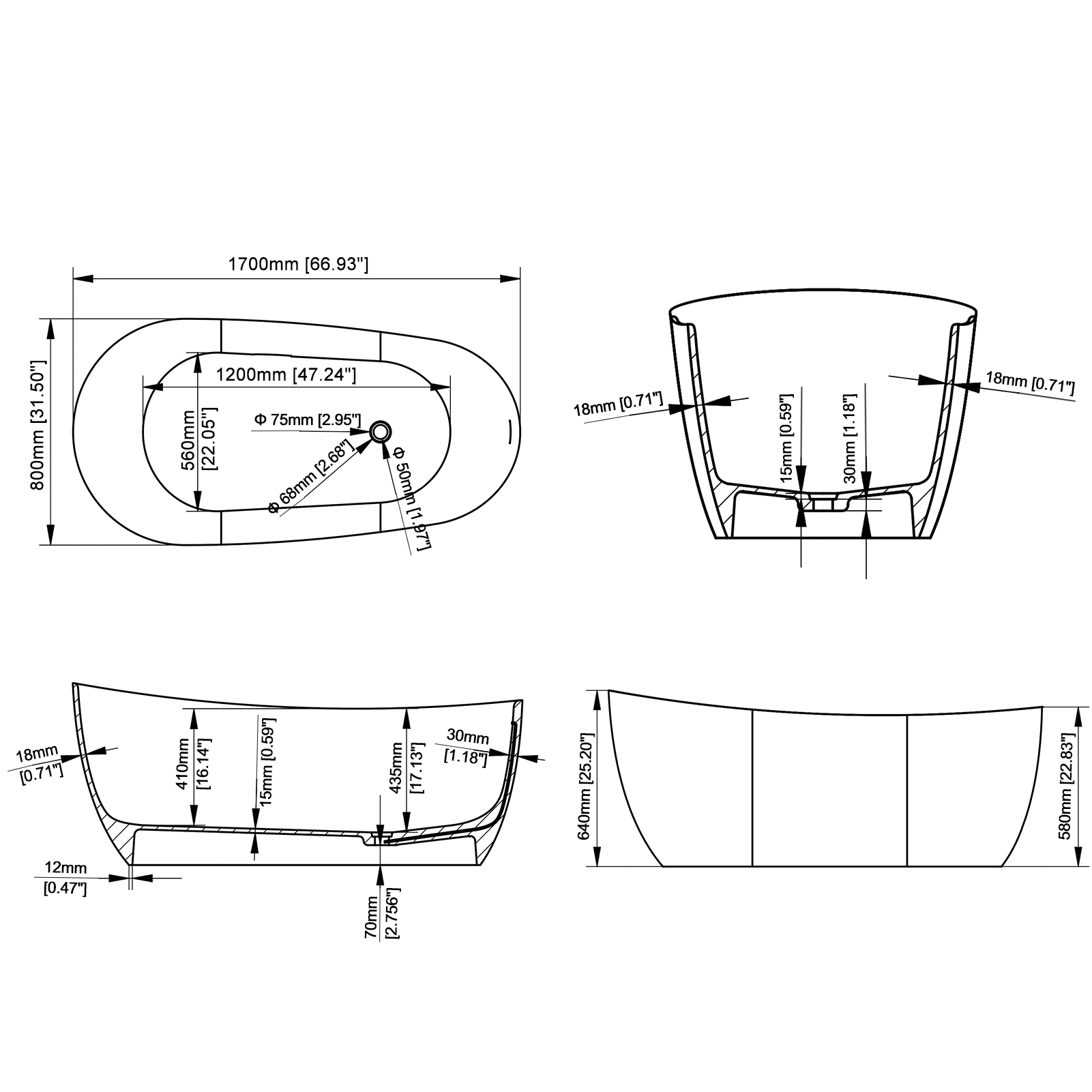 55"/63"/67"/71" Oval Freestanding Matte White Solid Surface Soaking Bathtub