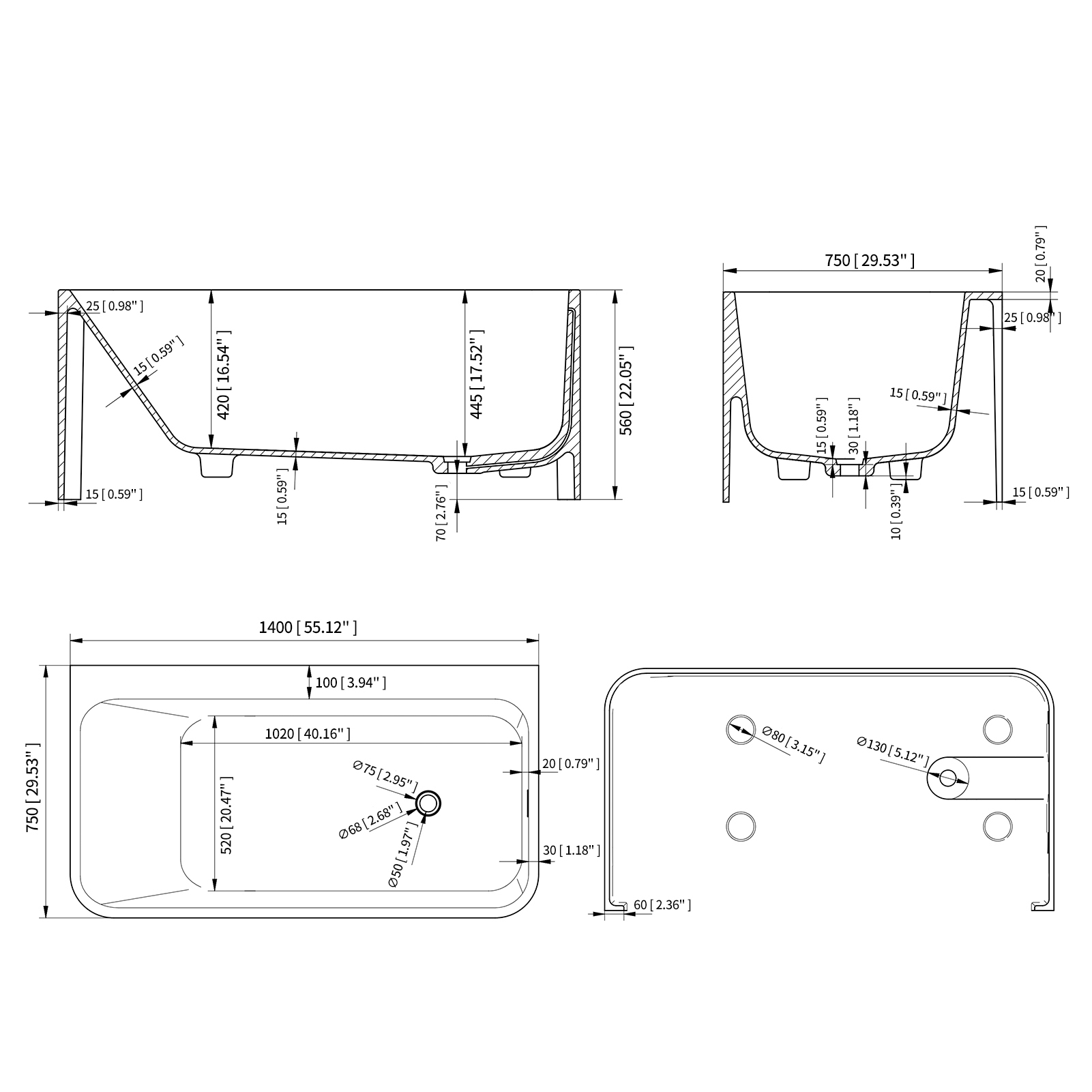 55"/59"/63"/67"/71" Rectangular Matte White Solid Surface Alcove Soaking Tub