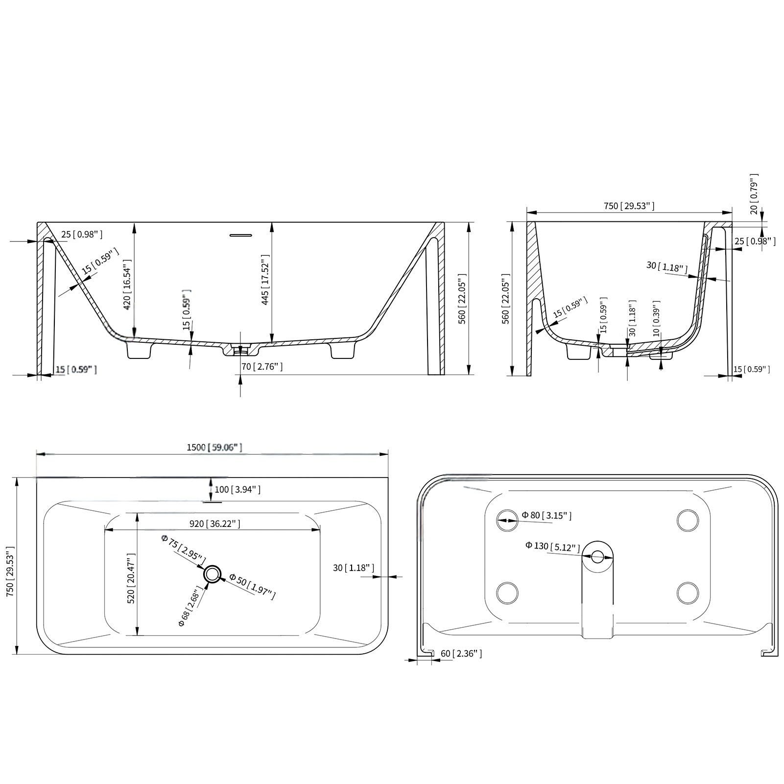 55"/59"/63"/67"/71" Rectangular Matte White Solid Surface Freestanding Soaking Tub