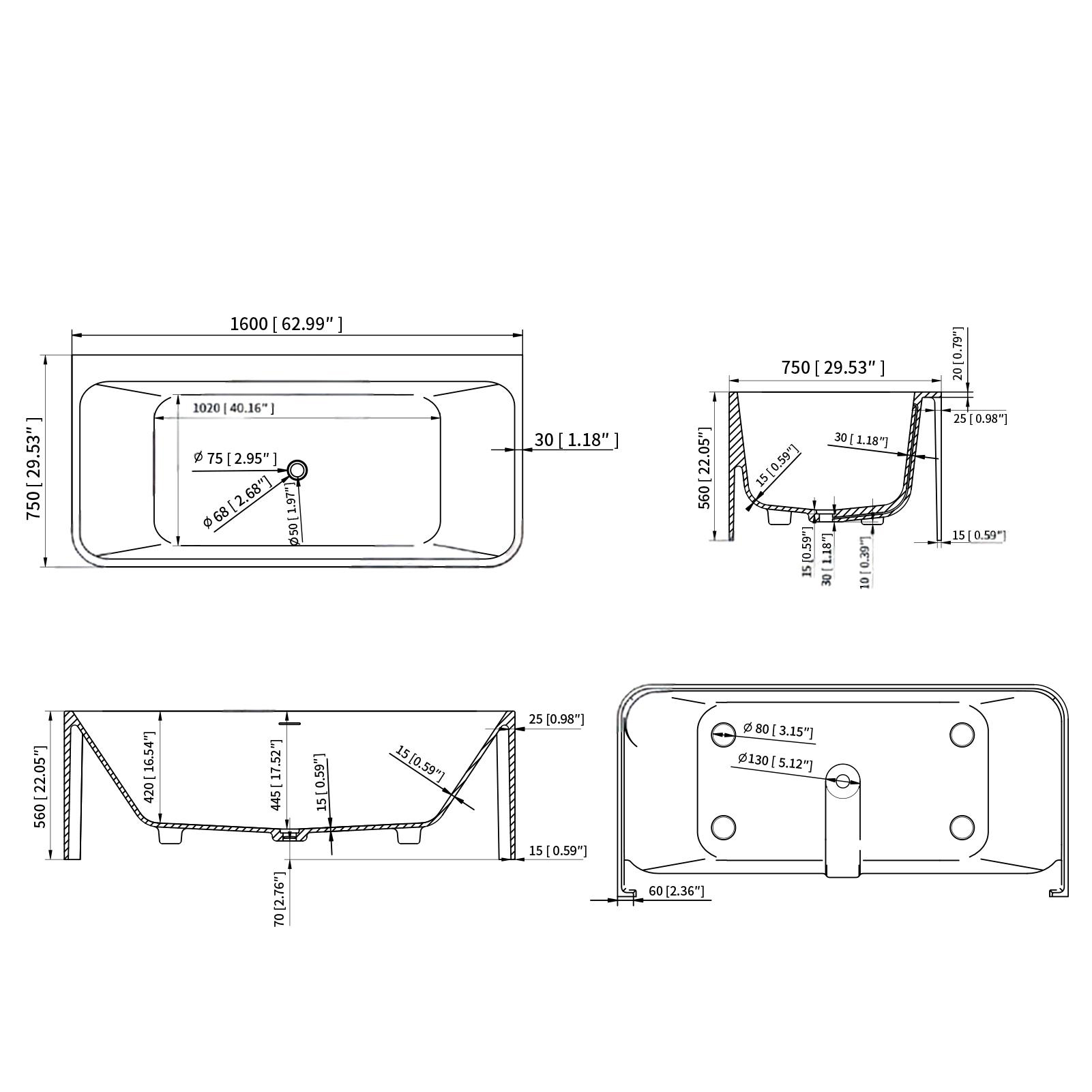 55"/59"/63"/67"/71" Rectangular Matte White Solid Surface Freestanding Soaking Tub