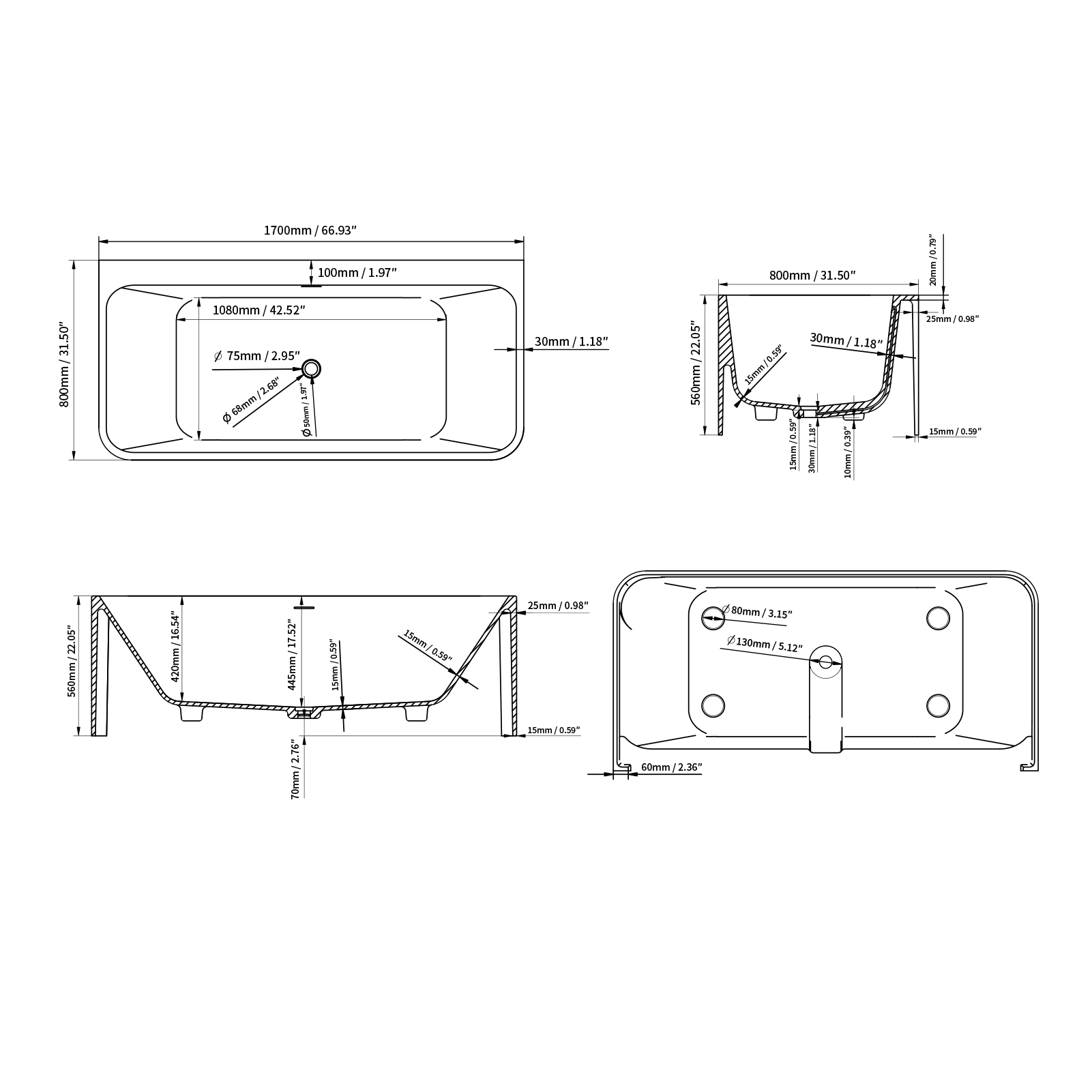 55"/59"/63"/67"/71" Rectangular Matte White Solid Surface Freestanding Soaking Tub