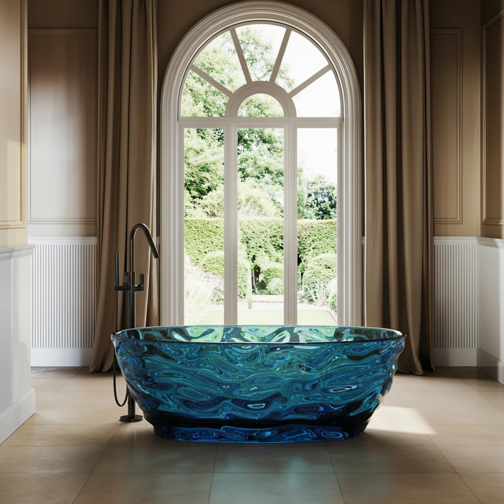 67" Contemporary Pure Resin Freestanding Soaking Bathtub with Wave Texture