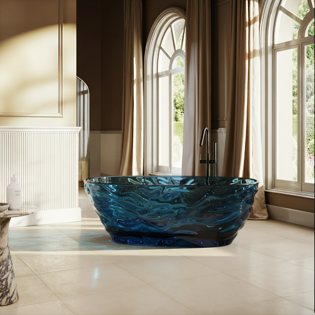 67" Contemporary Pure Resin Freestanding Soaking Bathtub with Wave Texture