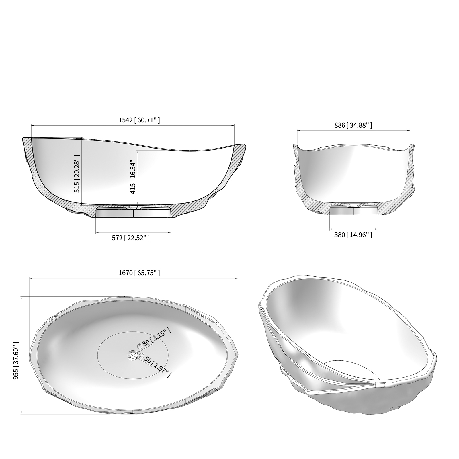 67" Flame Red Water-Ripple Freestanding Resin Soaking Tub with Center Drain