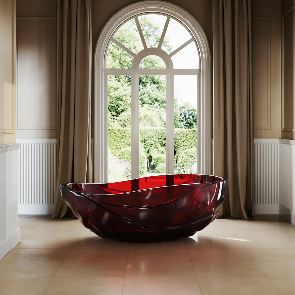 67" Flame Red Water-Ripple Freestanding Resin Soaking Tub with Center Drain