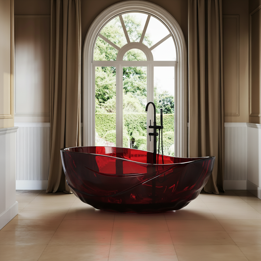 67" Flame Red Water-Ripple Freestanding Resin Soaking Tub with Center Drain