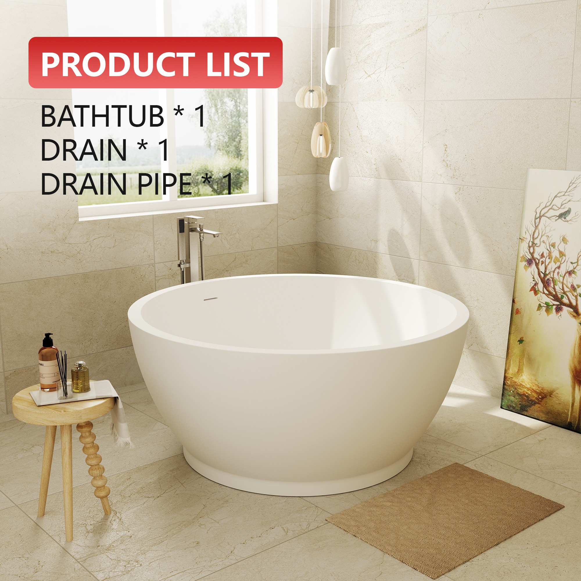 53" Freestanding Solid Surface Soaking Bathtub with 4" Wide Rim