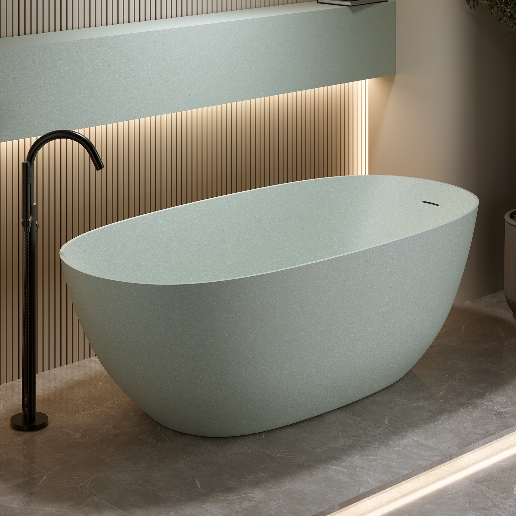 57"/61"/65"/69" Minimalist Solid Surface Freestanding Bathtub in Pine Crest and Shadow Whisper