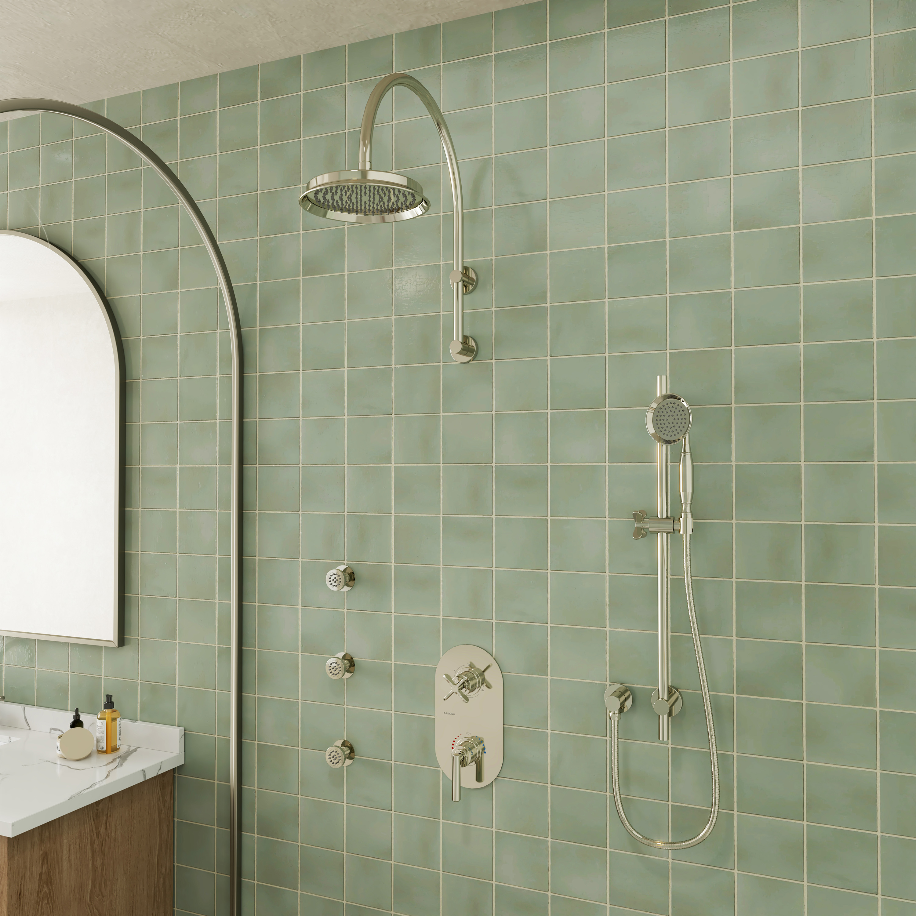 9" Rainfall Thermostatic 3-Function Shower System with Slide Bar & Body Jets