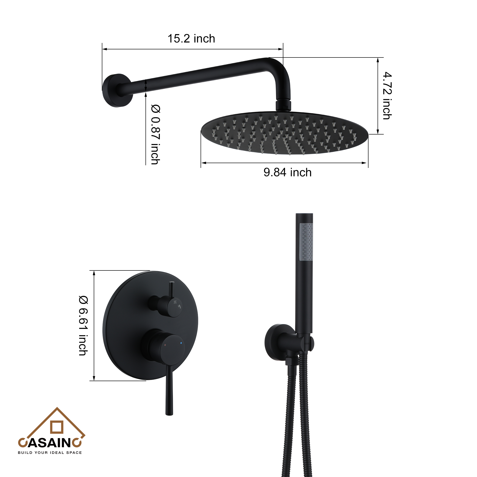 10" Matte Black Rain Shower System with Hand Shower