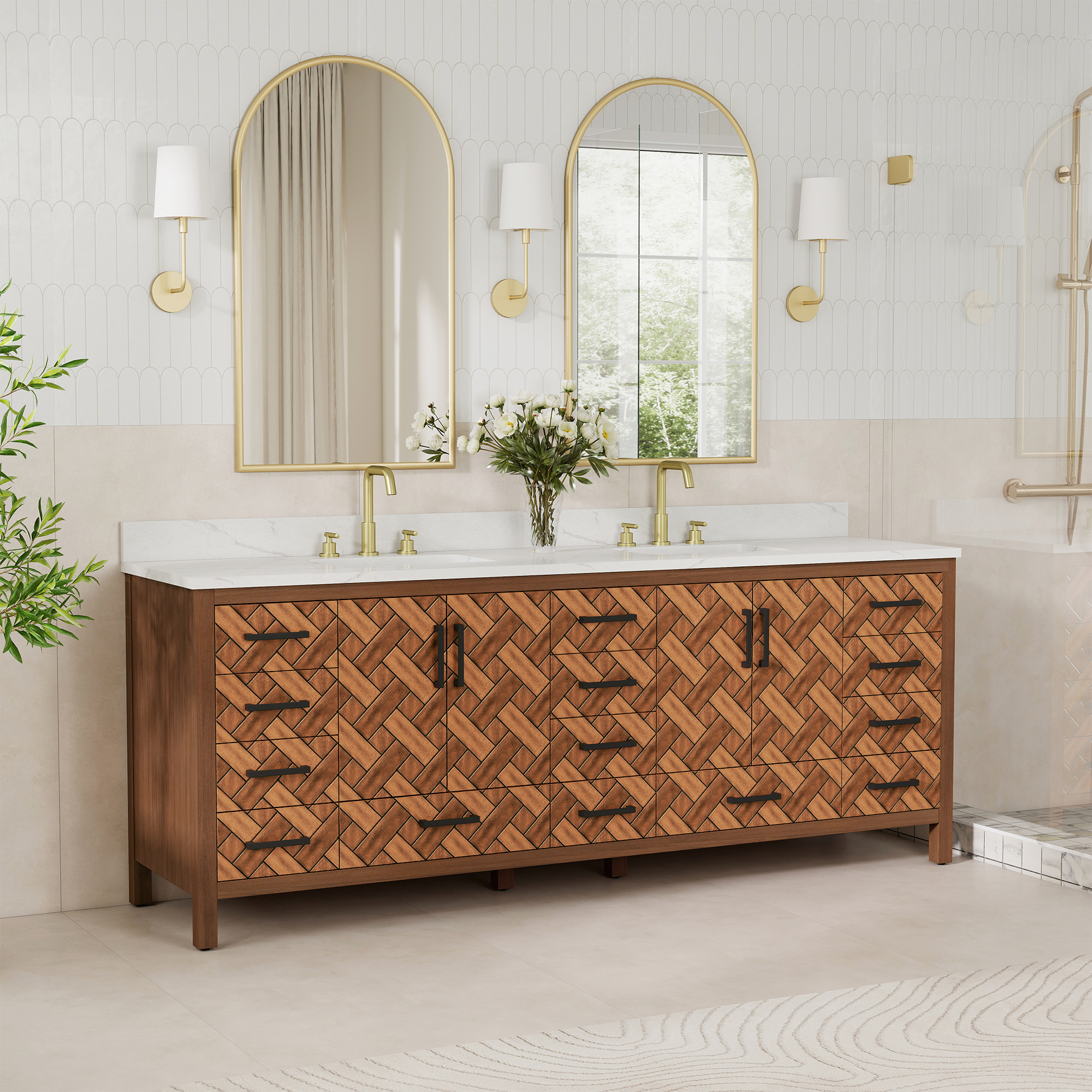 84" Freestanding Bathroom Vanity with Double Sink and Engineering Stone Top