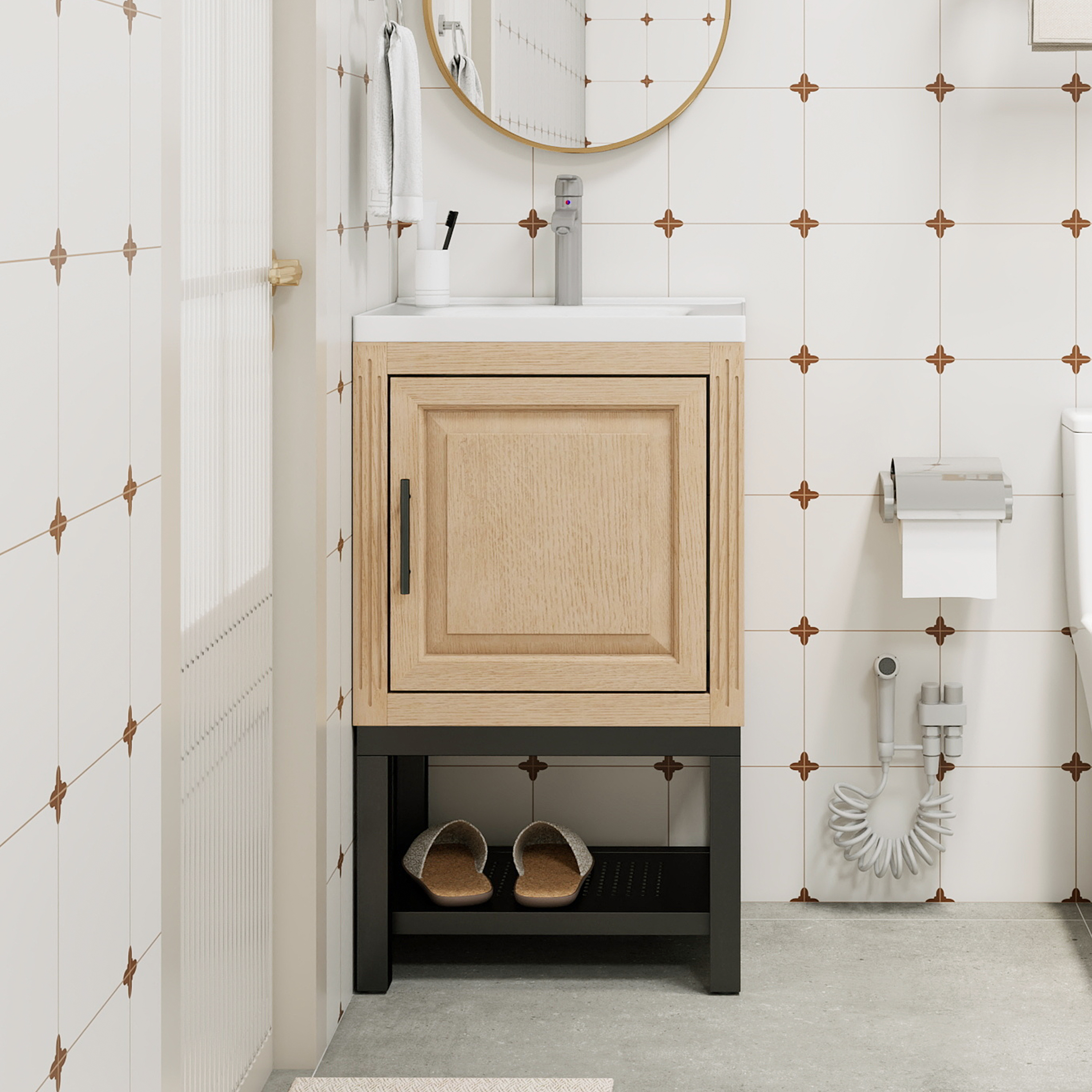 Freestanding Bathroom Vanity with White Ceramic Sink & Hot and Cold Faucet