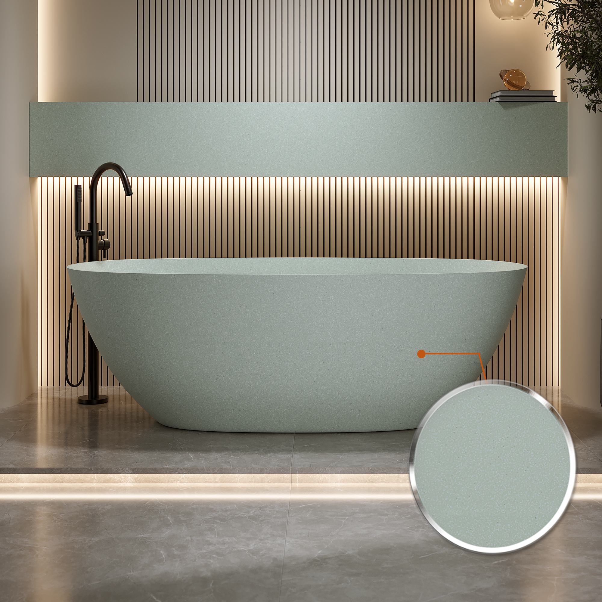 57"/61"/65"/69" Minimalist Solid Surface Freestanding Bathtub in Pine Crest and Shadow Whisper