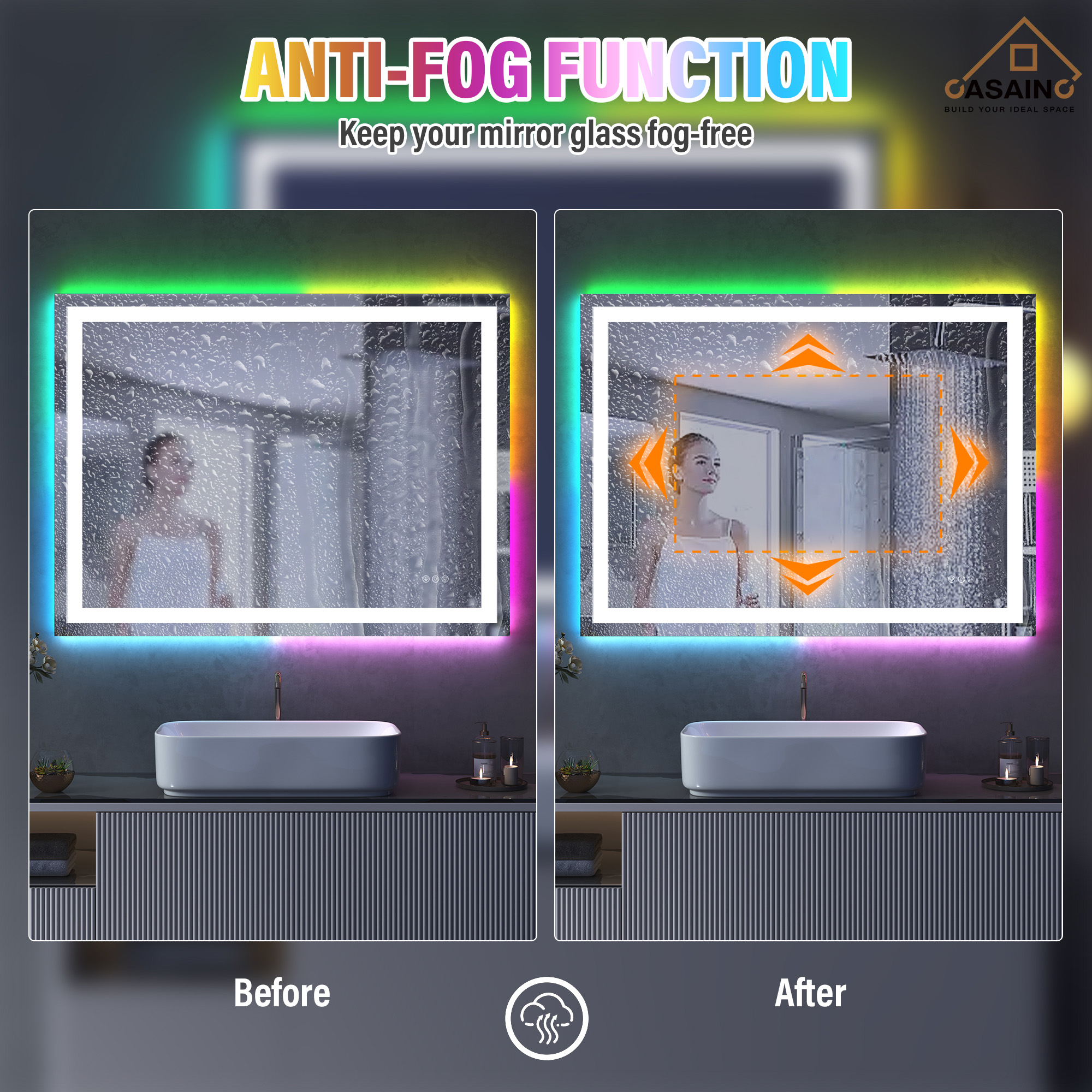 Tempered RGB LED Bathroom Mirror with Smart Controls & Anti-Fog