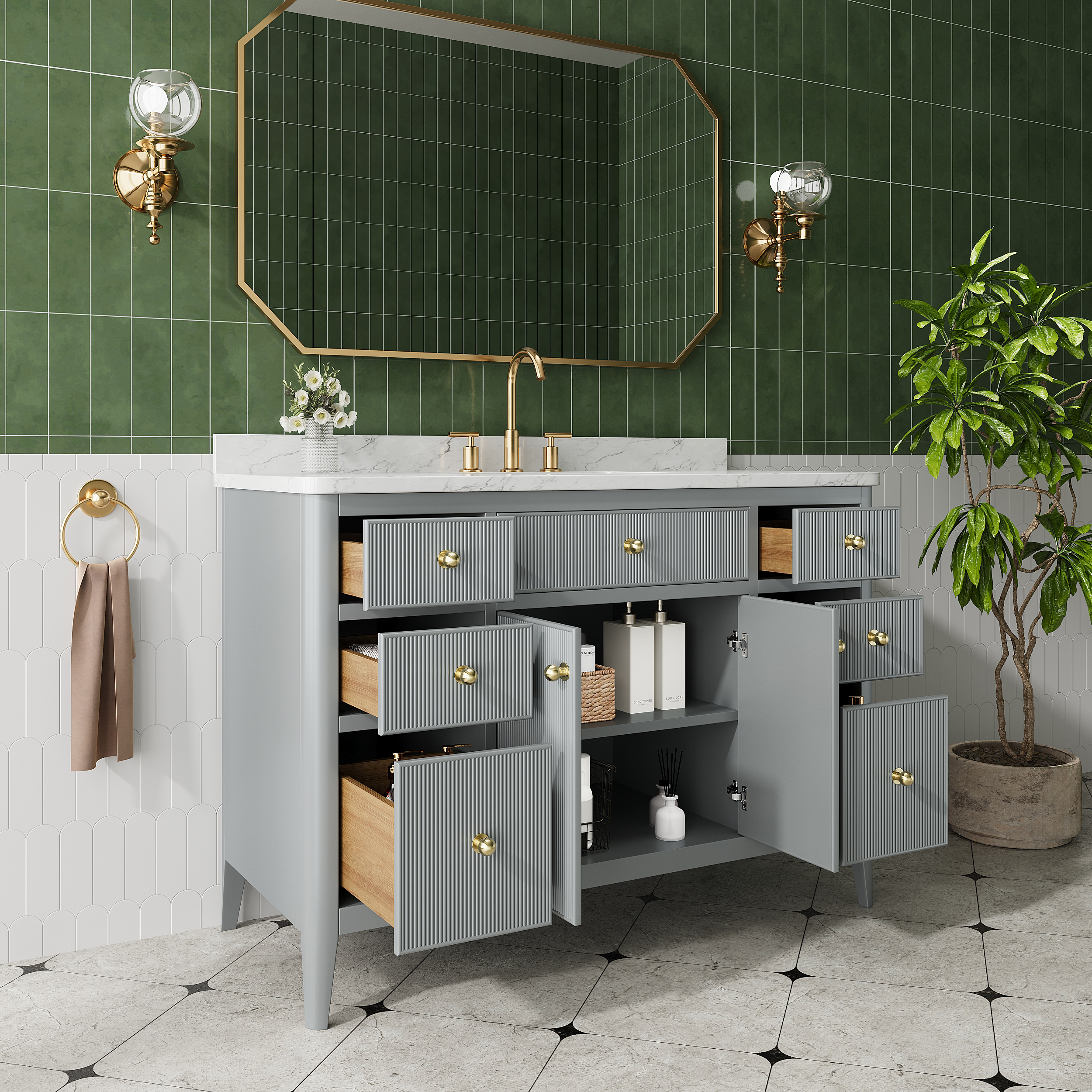 30"/36"/48" Freestanding Single Sink Bathroom Vanity with Solid Wood Construction & Marble Top