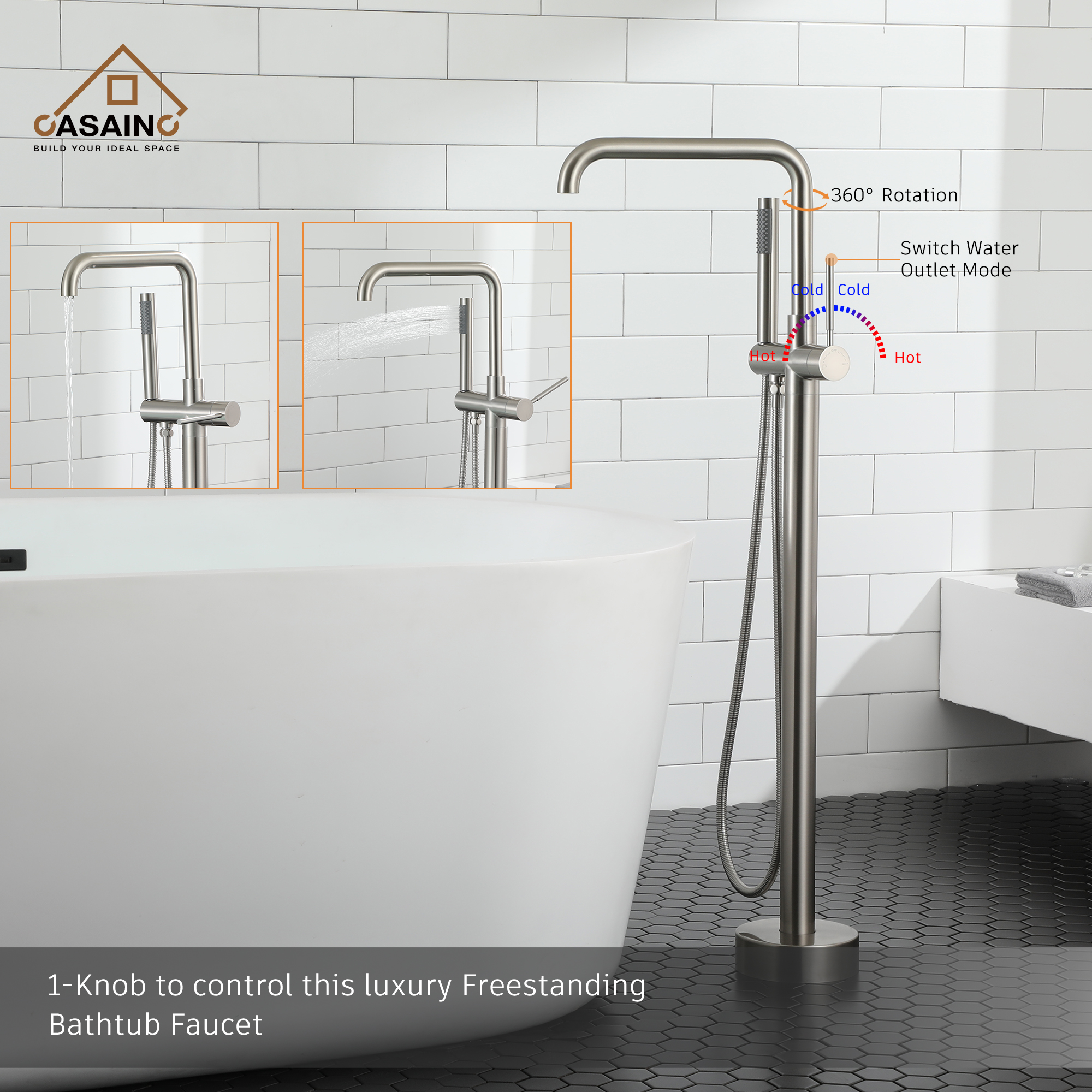 CASAINC Freestanding Bathroom Bathtub Faucet with Hand Shower