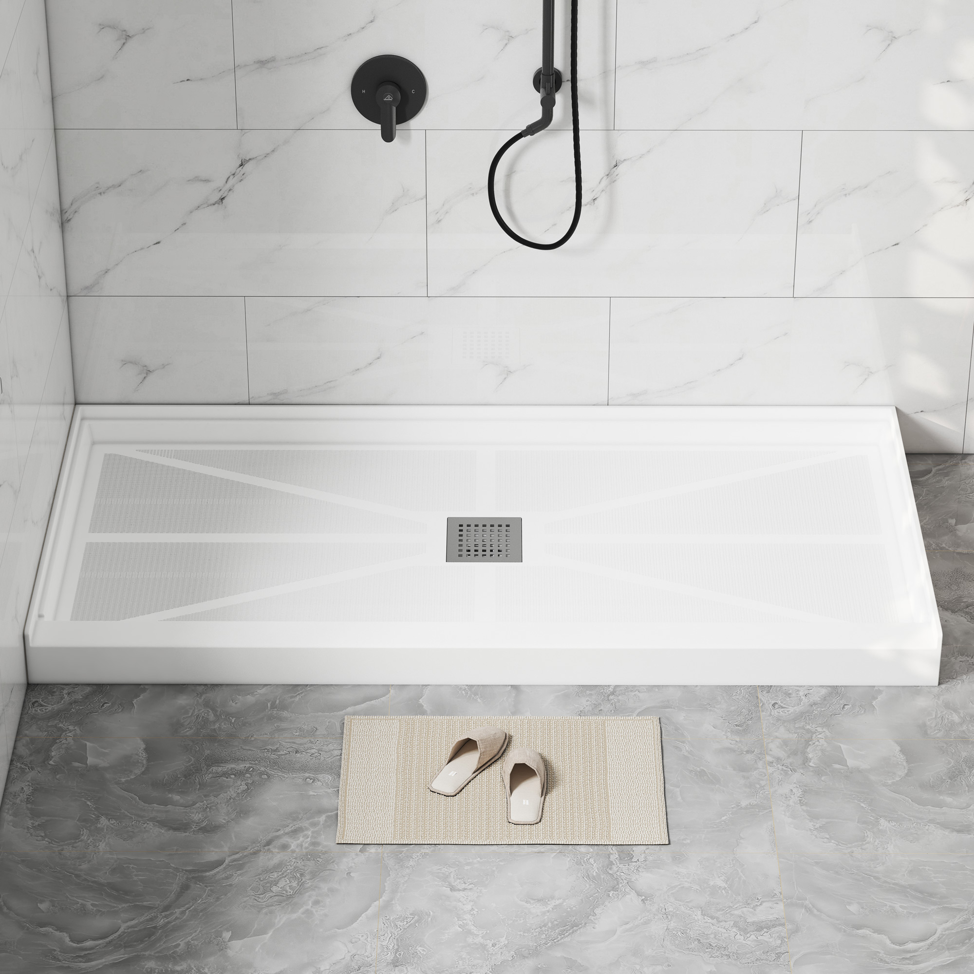 Rectangle Solid Surface White Shower Pan Base with Center Drain