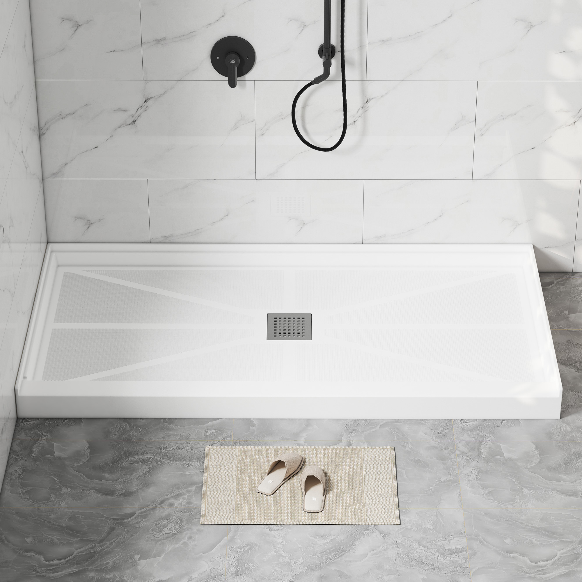 Rectangle Solid Surface White Shower Pan Base with Center Drain