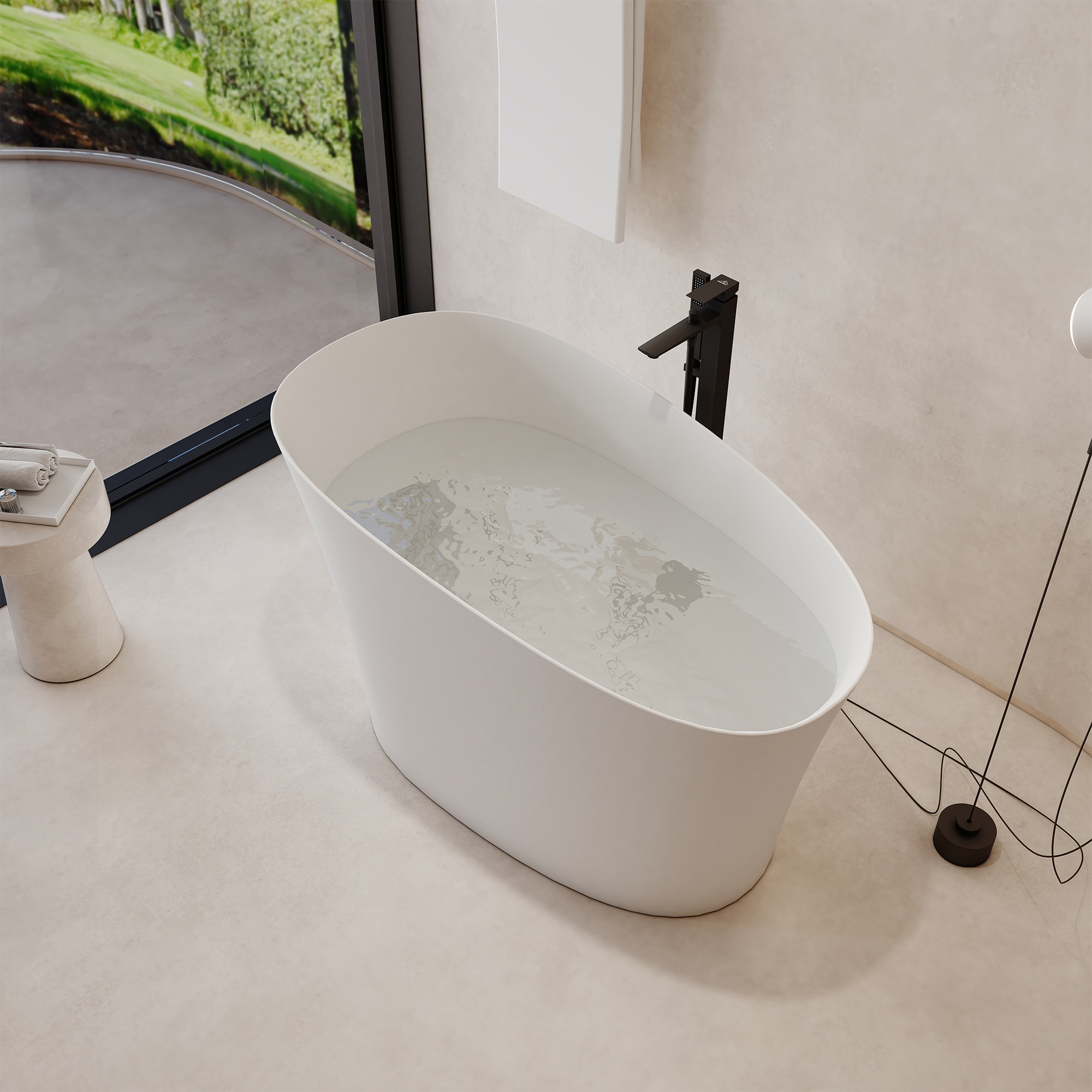51" Solid Surface Freestanding Bathtub with Raised Edge and Built-in Mini Seat