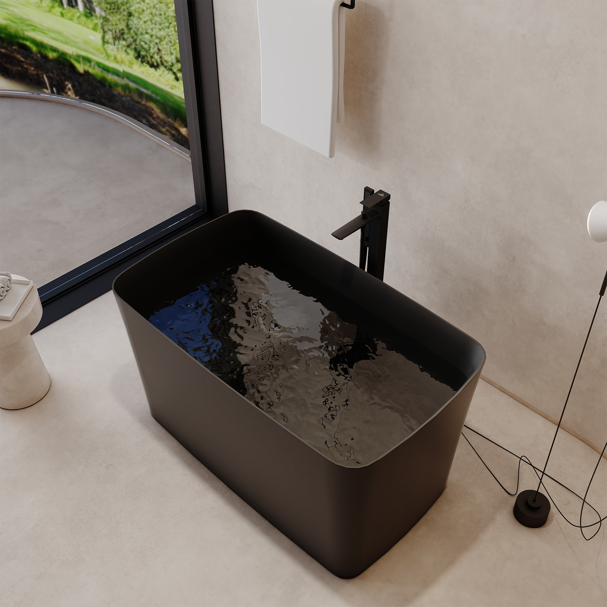 47" Compact Solid Surface Freestanding Bathtub with Mini-Seat Design