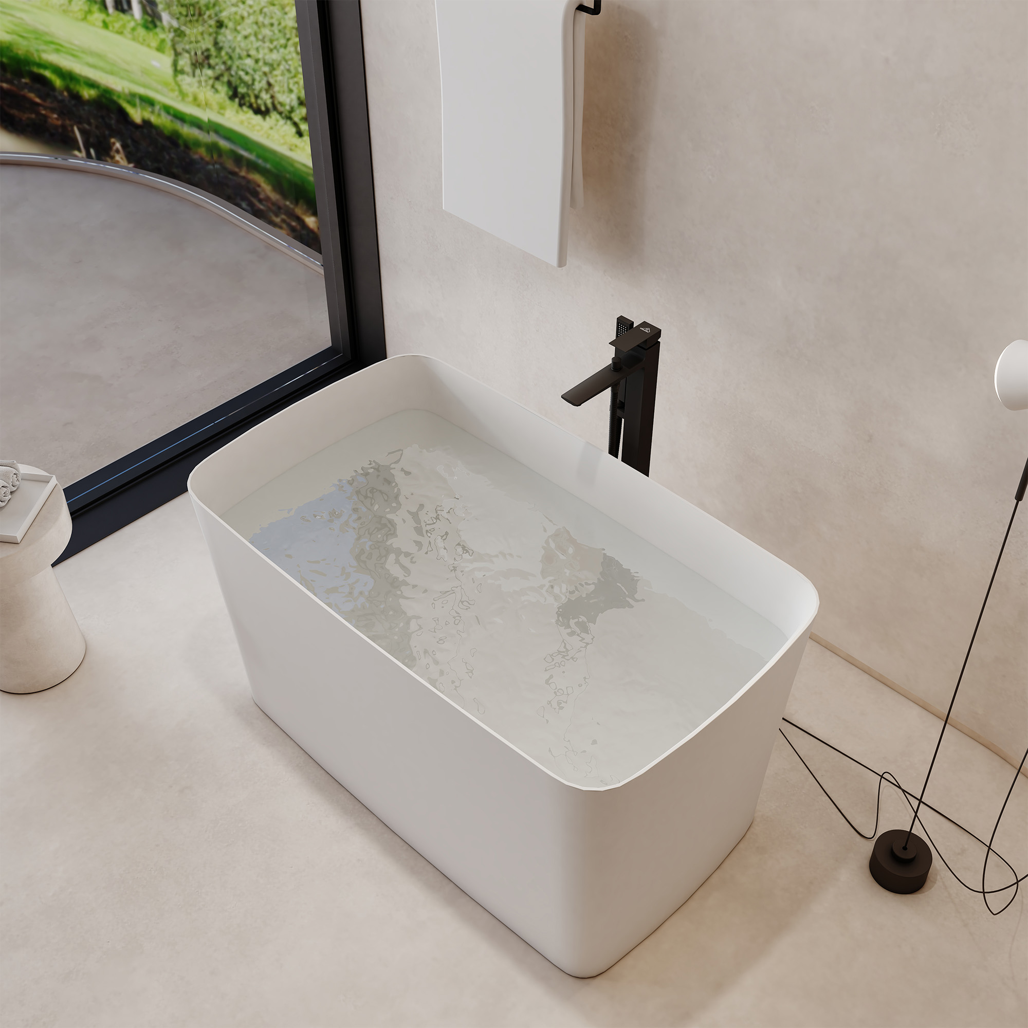 47" Compact Solid Surface Freestanding Bathtub with Mini-Seat Design