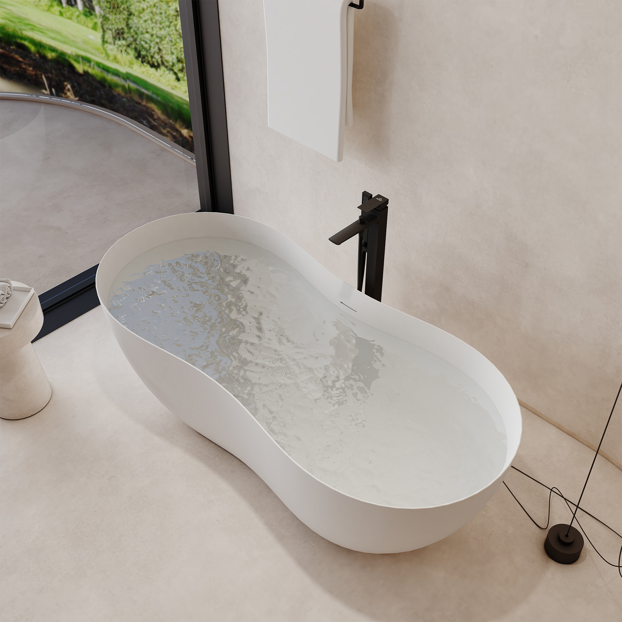 67" Solid Surface Freestanding Soaking Bathtub with Unique Peanut Shape