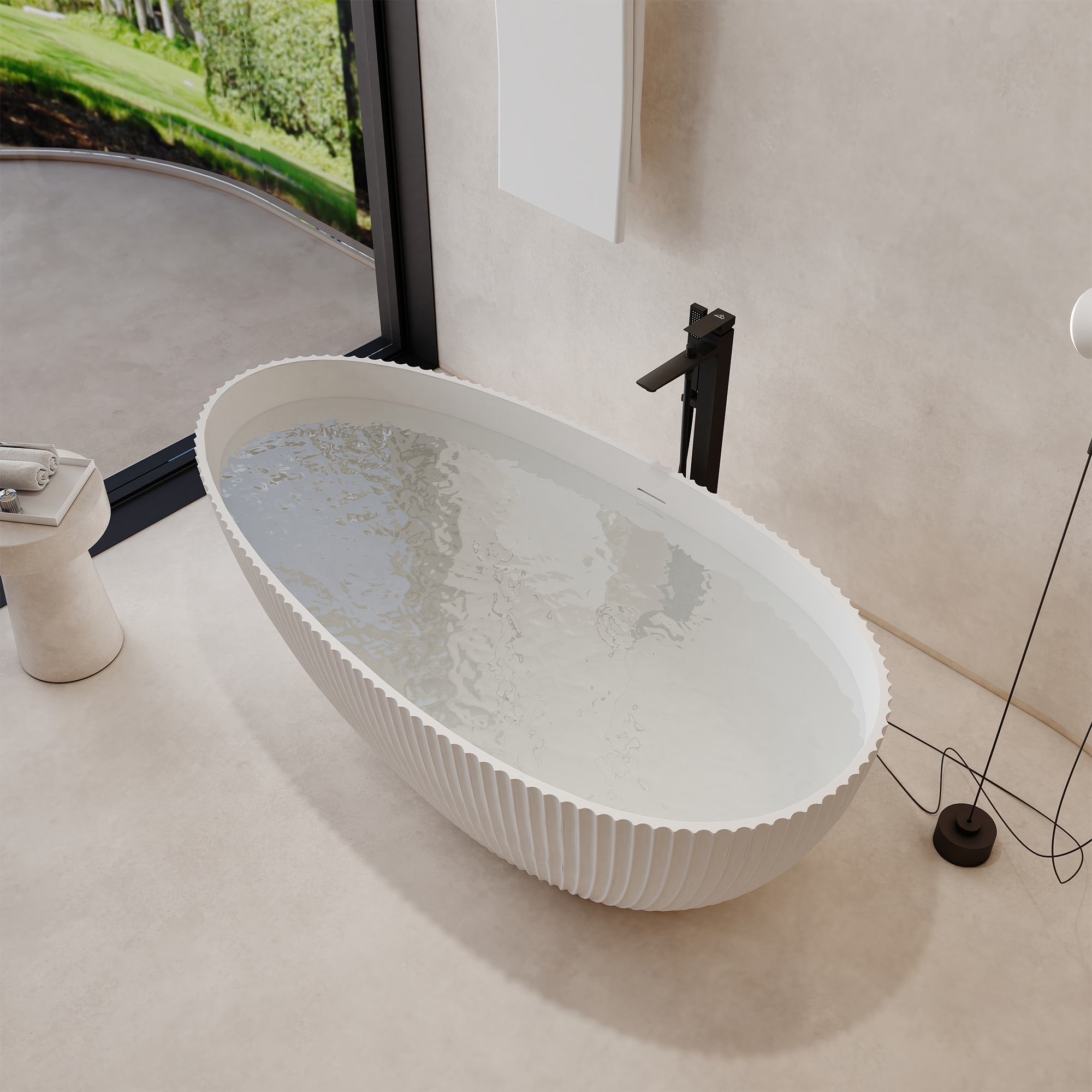 67" Solid Surface Freestanding Soaking Bathtub with Ribbed Textured Design