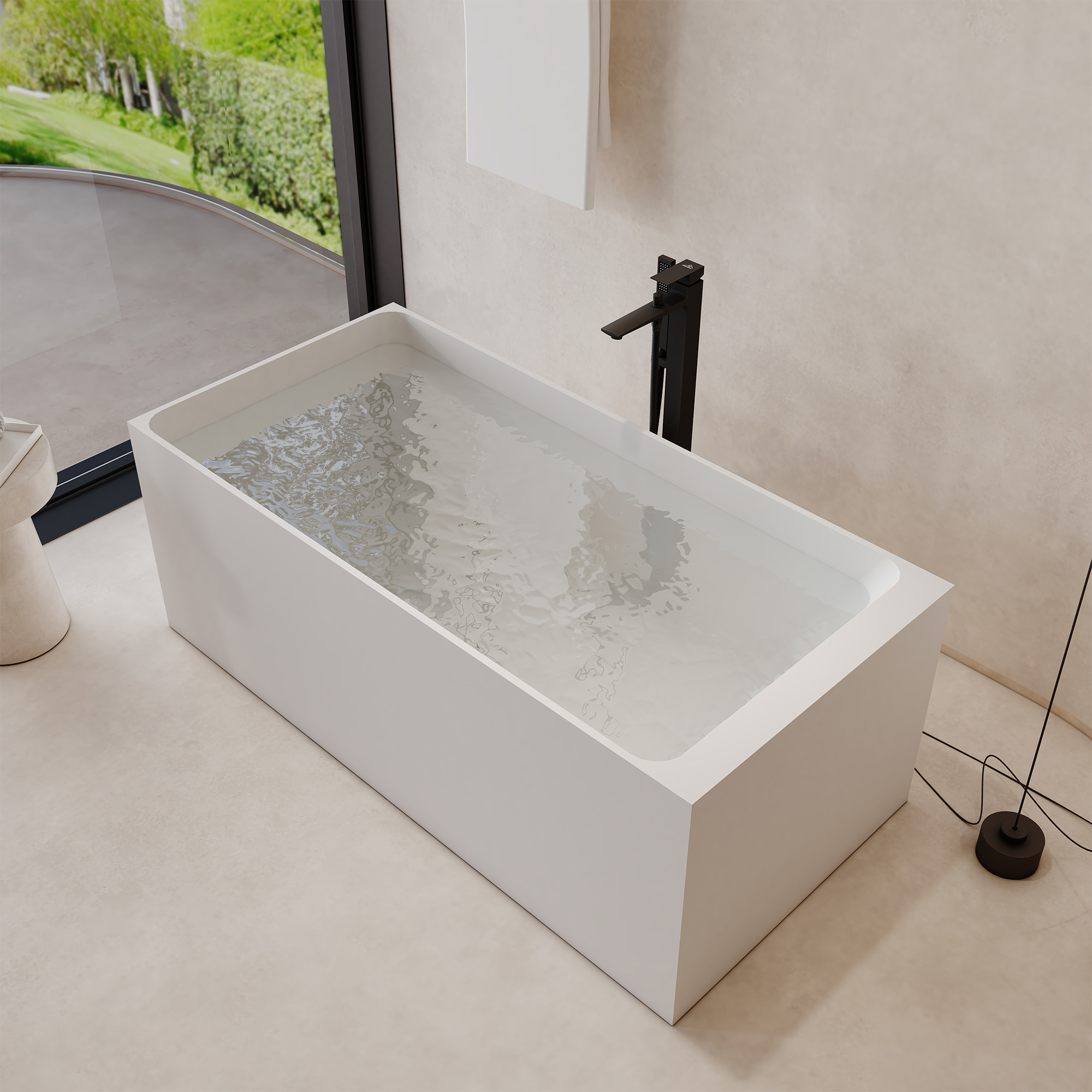 59" Rectangular Solid Surface Freestanding Bathtub with Sloped Backrest