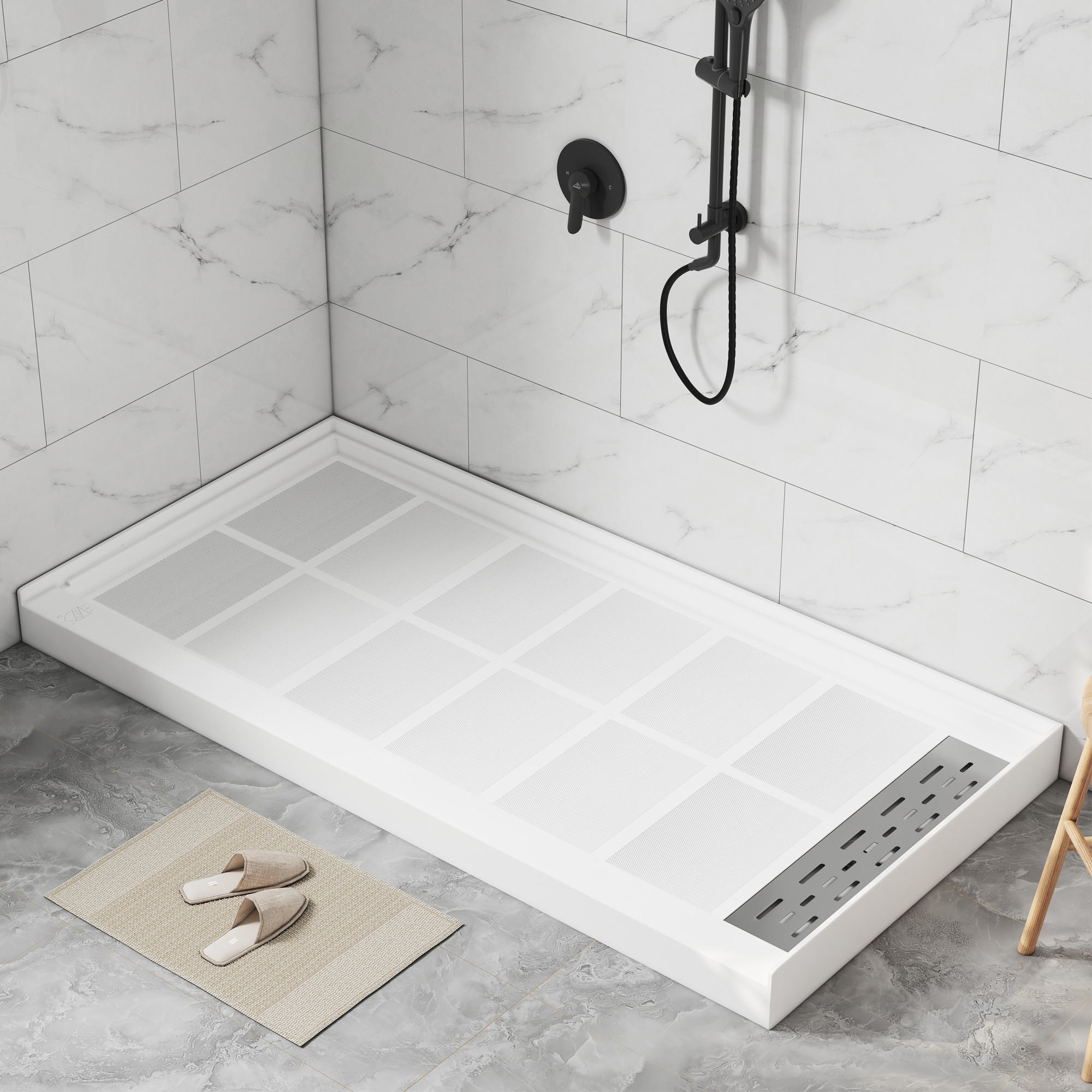 60"x30" Solid Surface Alcove Shower Pan Base in White, Drain Included