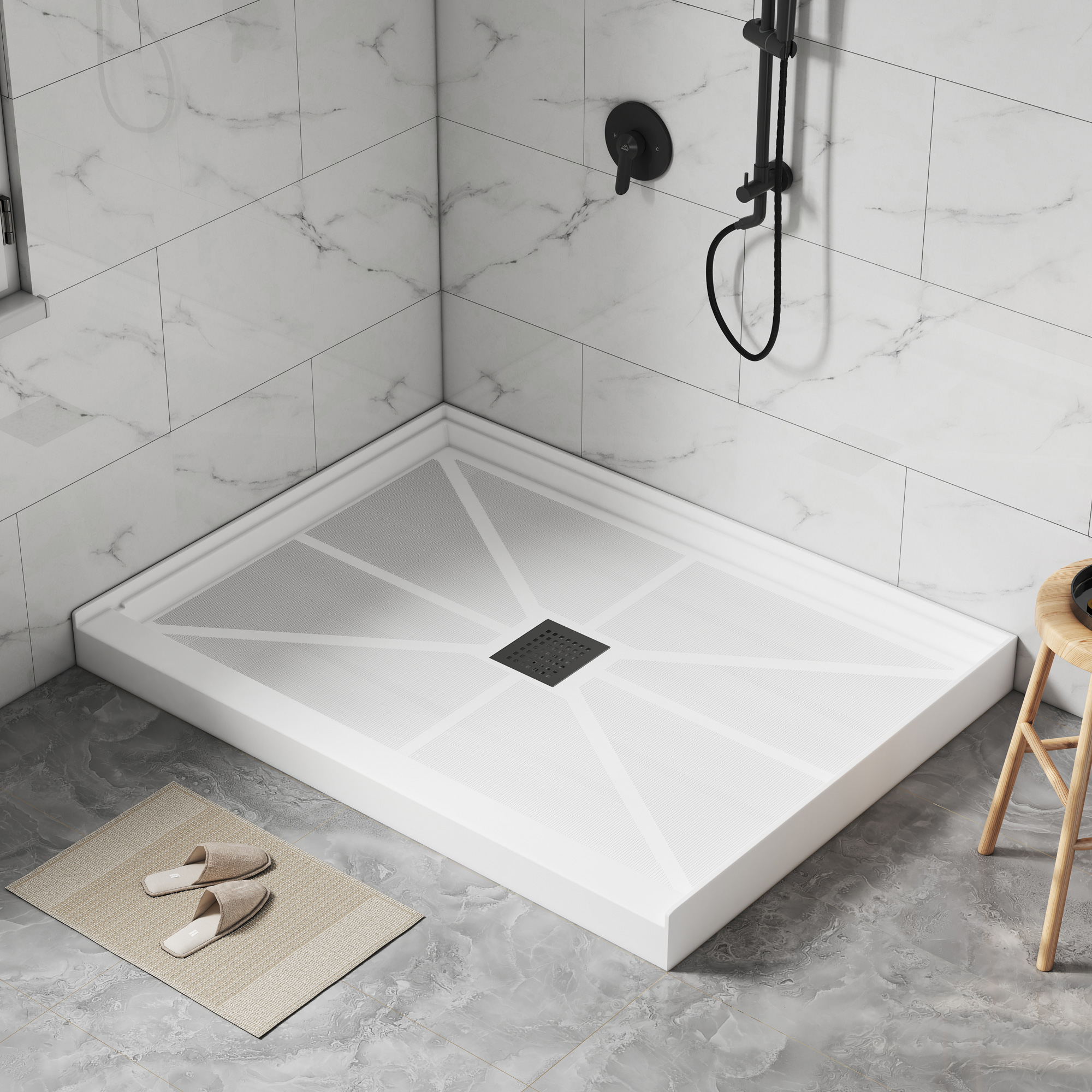 Rectangle Solid Surface White Shower Pan Base with Center Drain