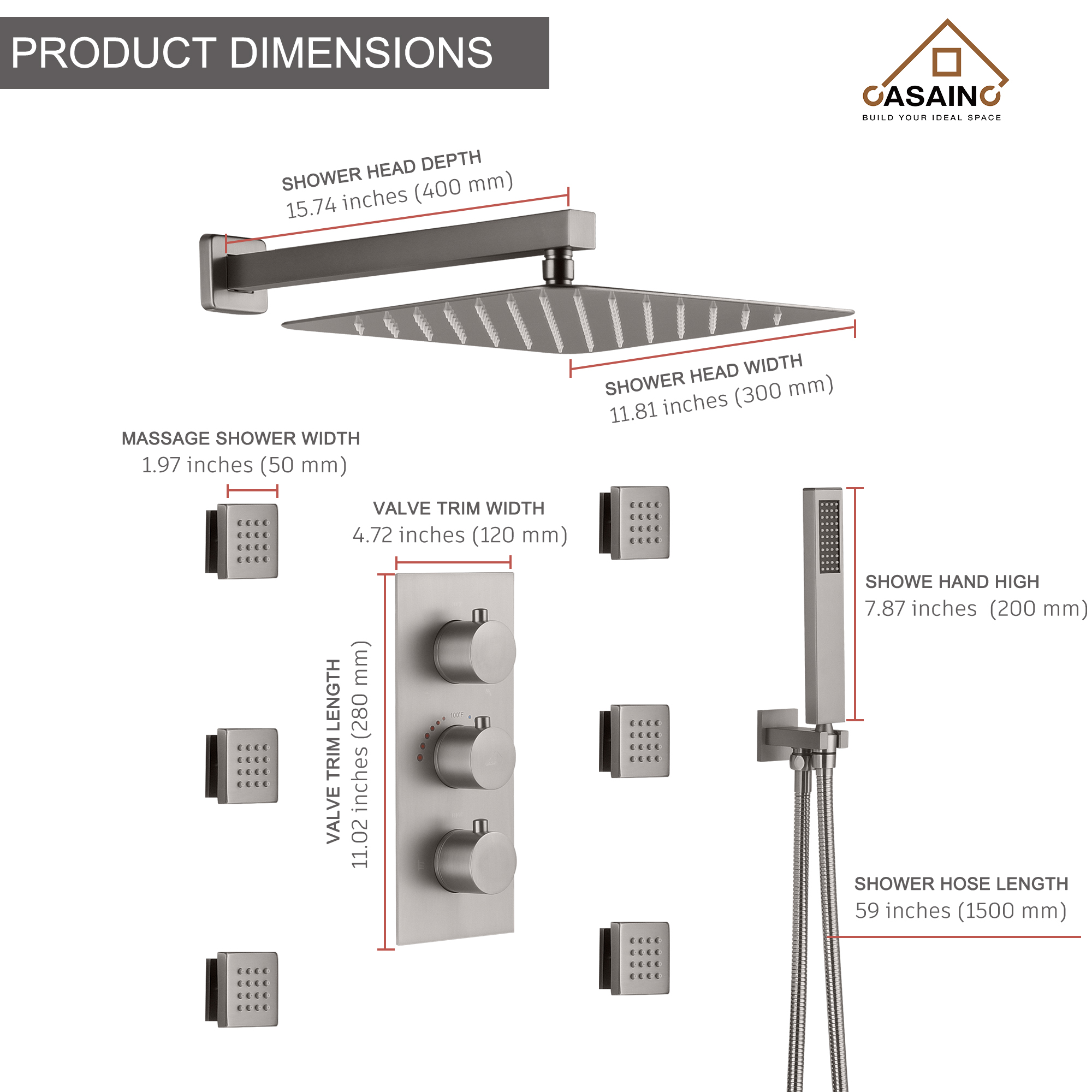 12" Thermostatic Complete Shower System with Rough-in Valve & 6 Body Jets