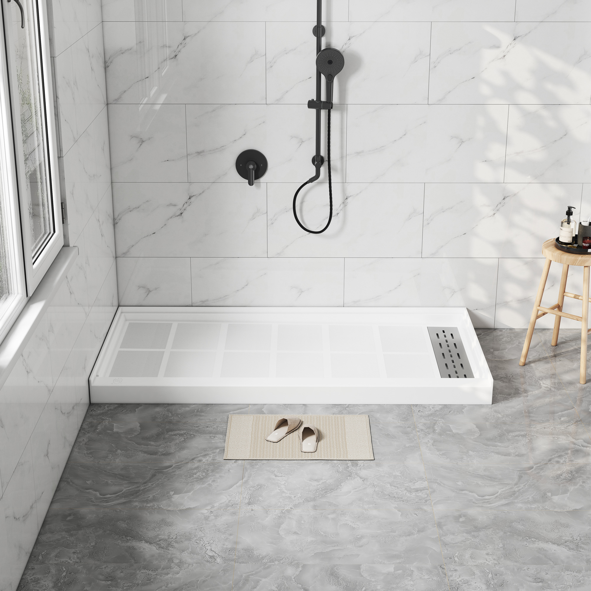 60"x30" Solid Surface Alcove Shower Pan Base in White, Drain Included