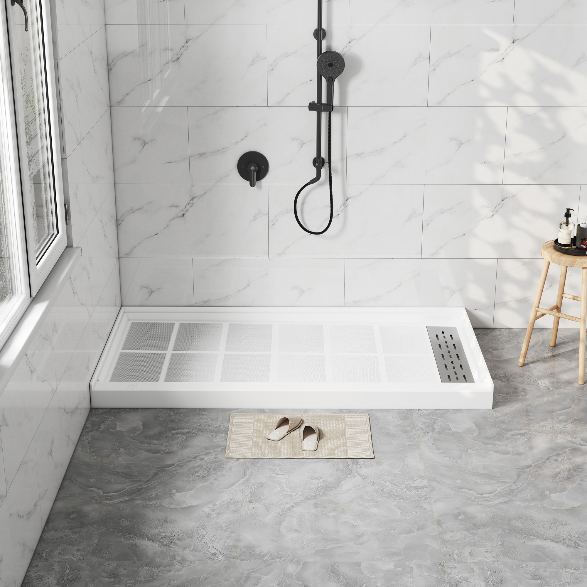 60"x32" White Solid Surface Single Threshold Alcove Shower Pan Base